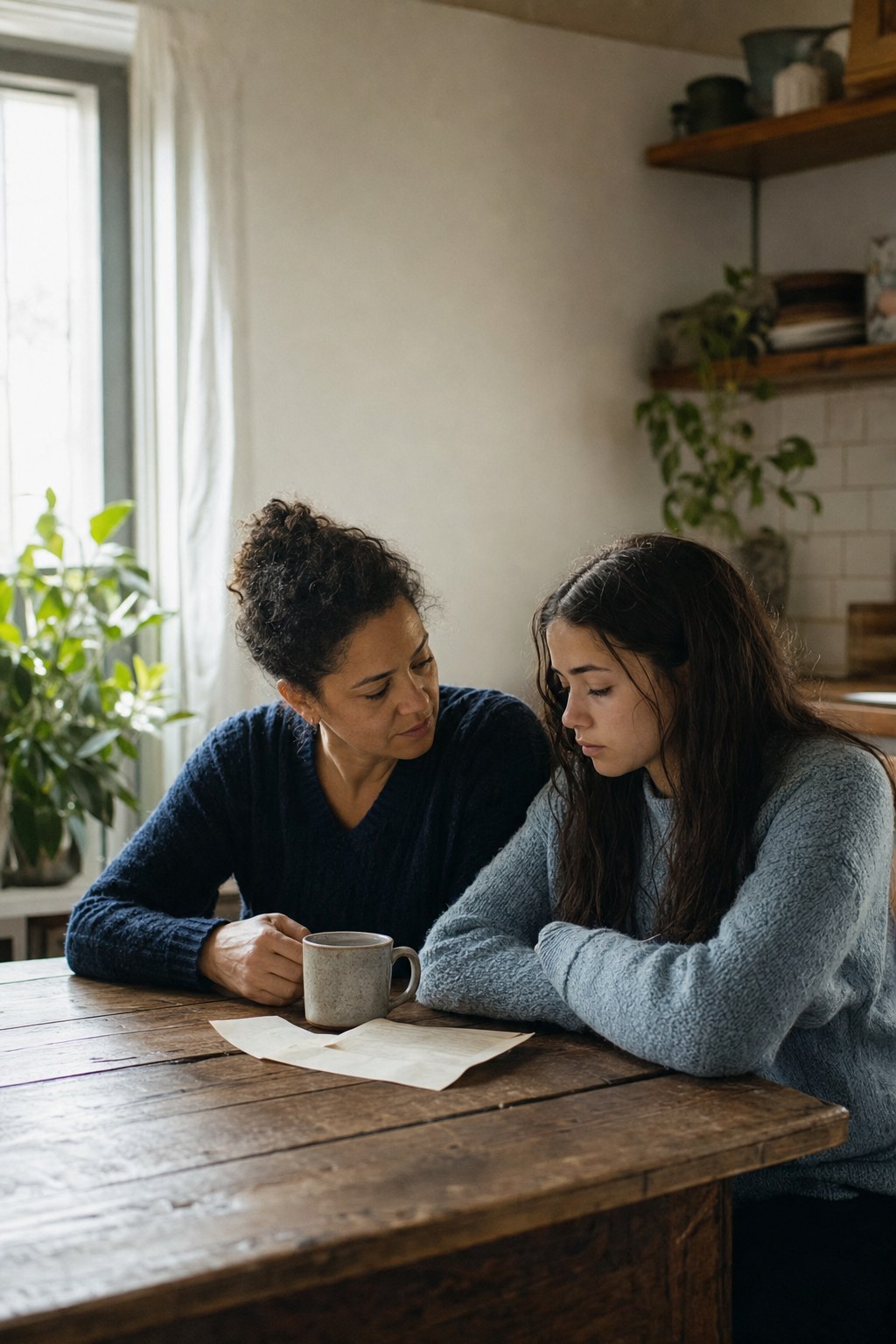 A parent and teen sharing a quiet moment at a kitchen table