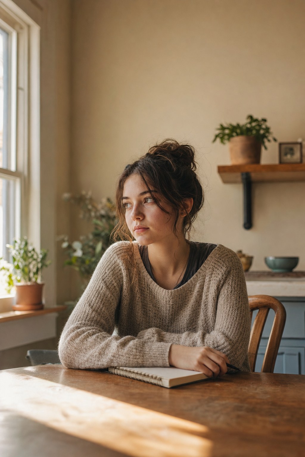 A teenage girl sitting thoughtfully at a kitchen table with a notebook