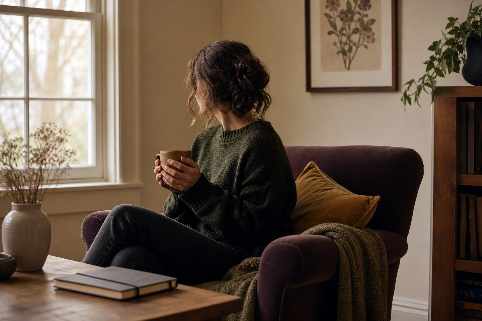 A young adult taking a quiet moment by a window with a warm drink
