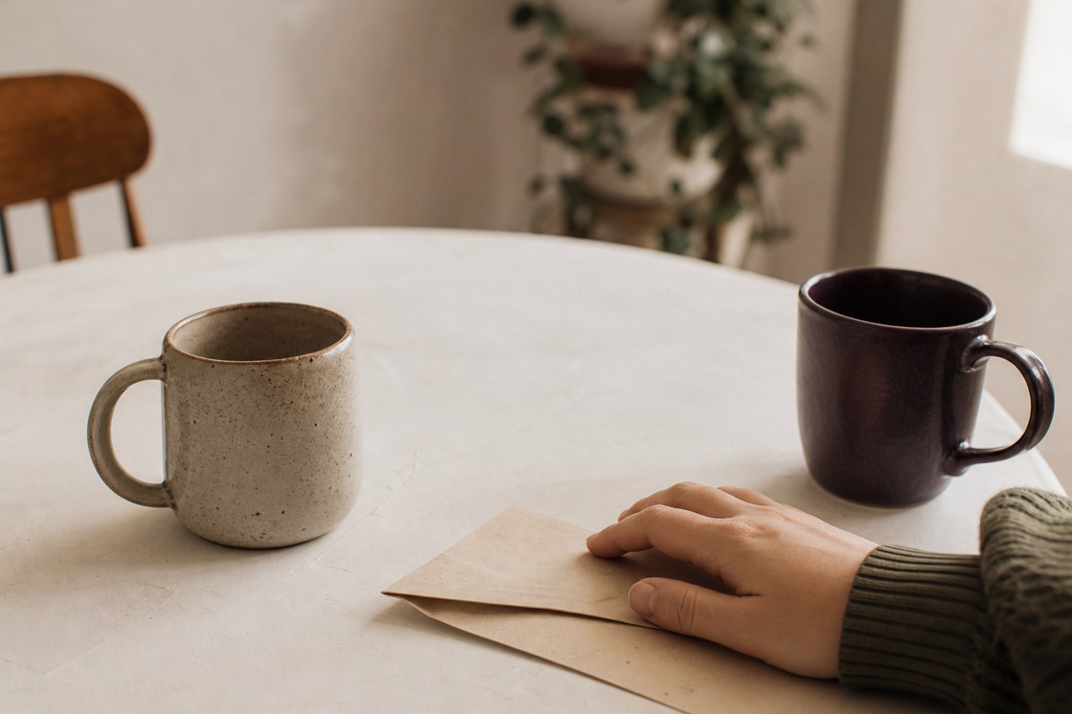 Two mugs on a table during a calm conversation