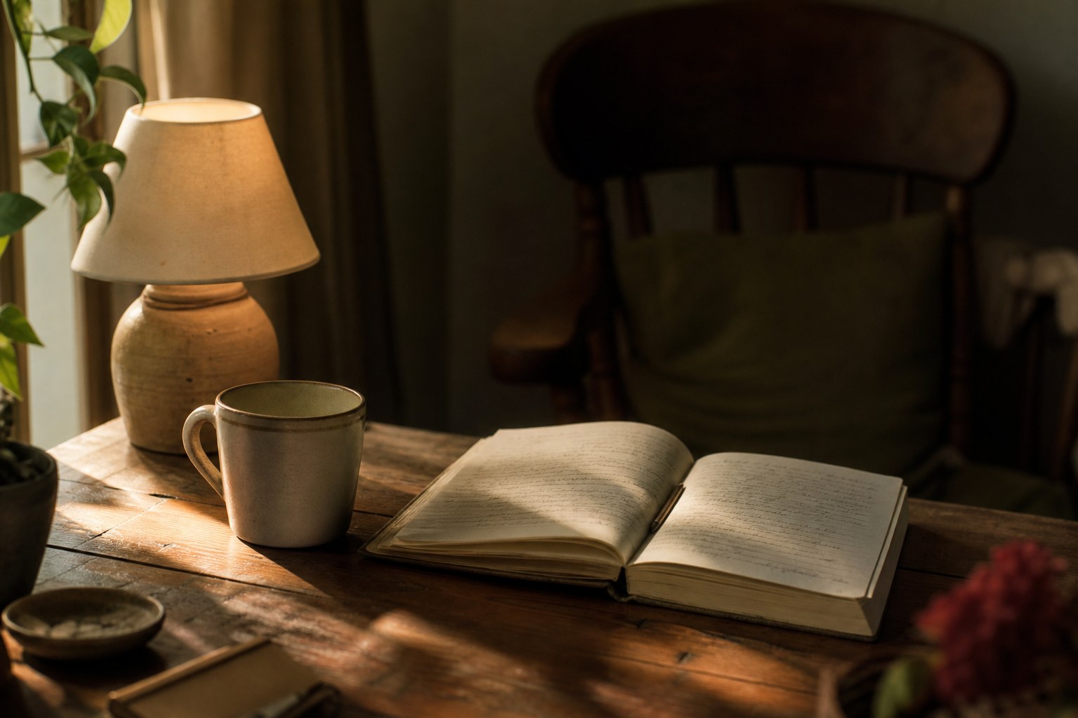 A journal, mug, and lamp on a warm wooden table beside an empty chair