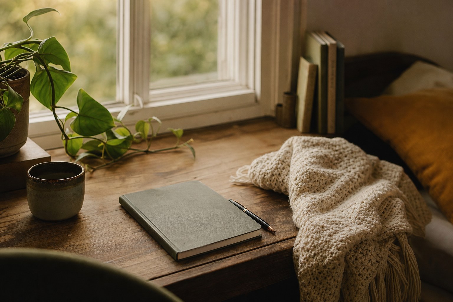 A quiet desk by a window with a journal, pen, plant, and soft blanket