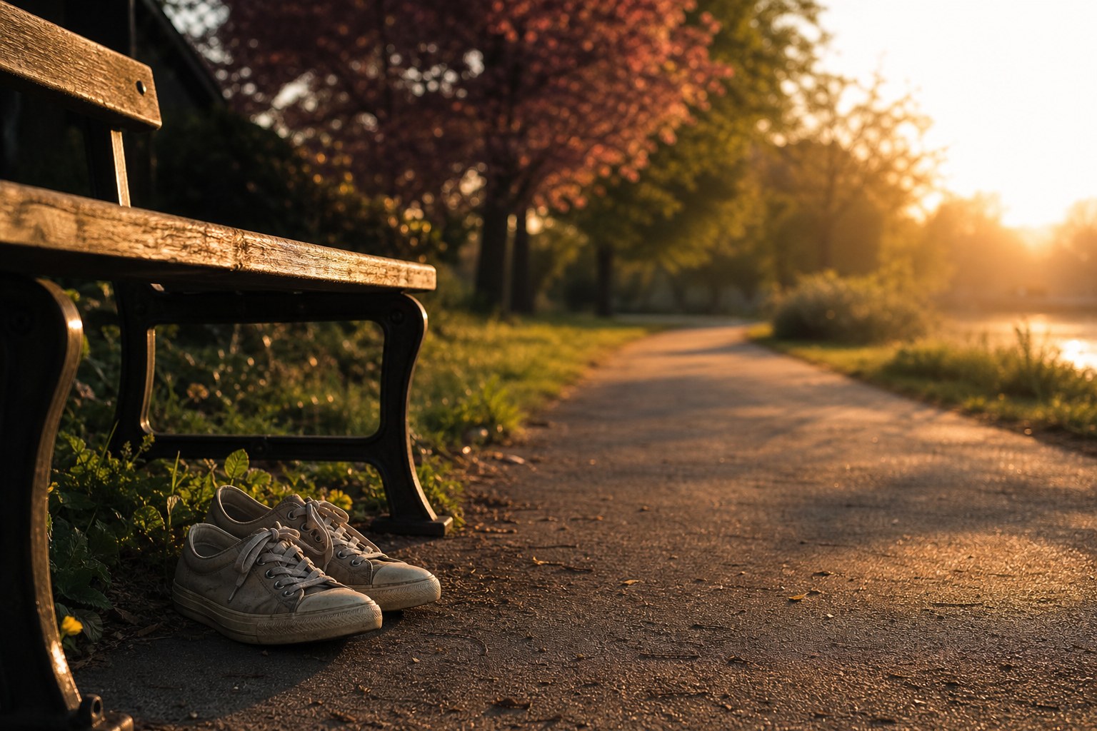 A quiet park bench and walking path in warm late-afternoon light