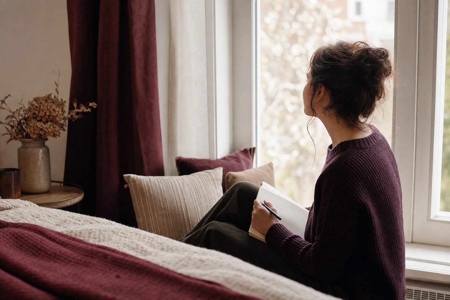A young adult quietly reflecting with a notebook by a window