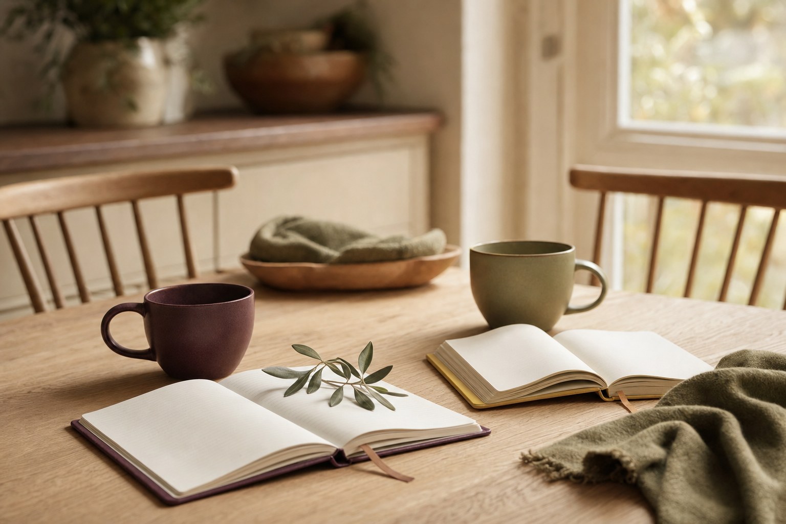 Two notebooks and mugs set on a warm table for a calm conversation