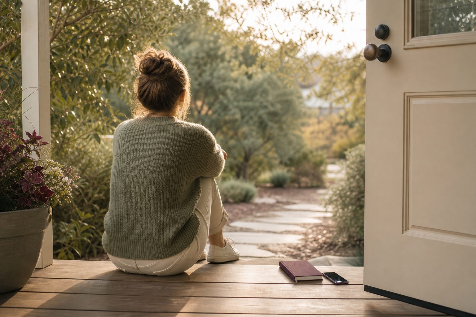 A young adult taking a quiet pause on a porch beside a notebook and phone