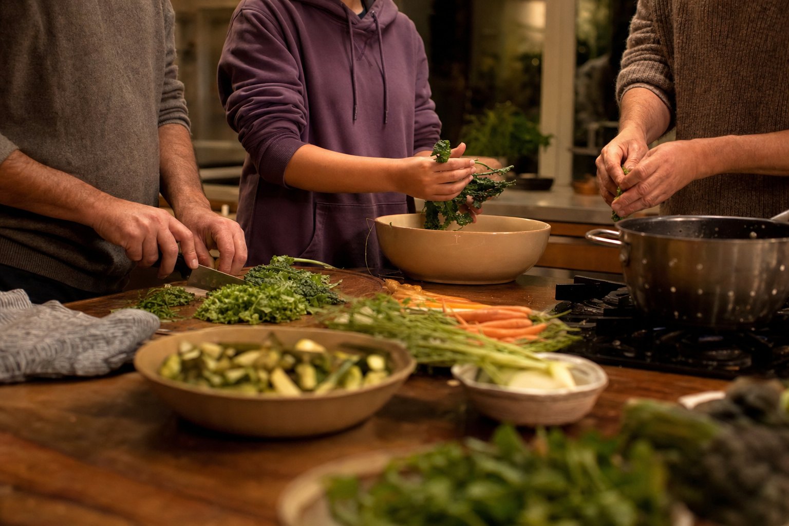 Family members preparing an evening meal together in a warm kitchen