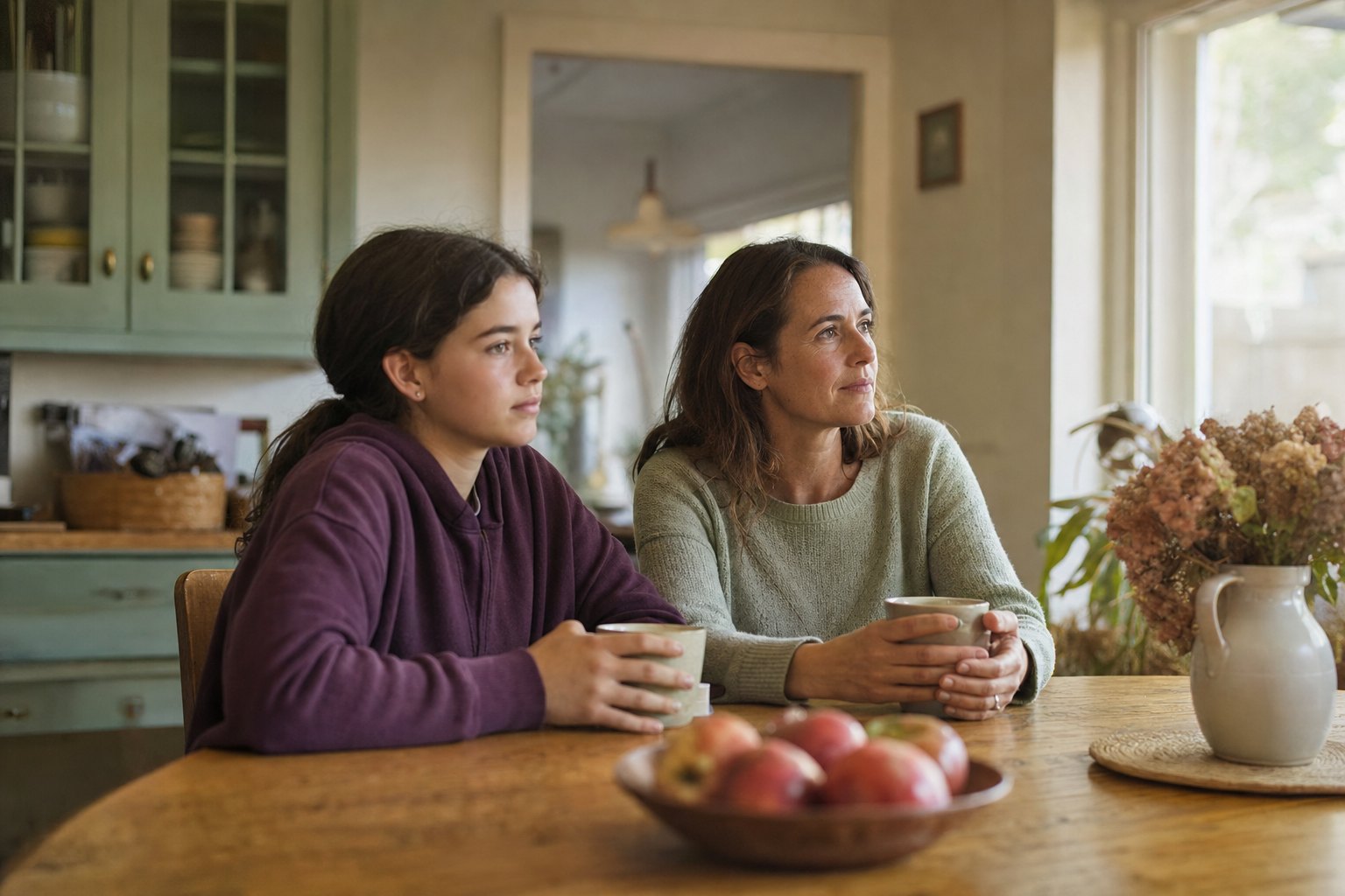 A mother and teenage daughter sitting together after a difficult conversation