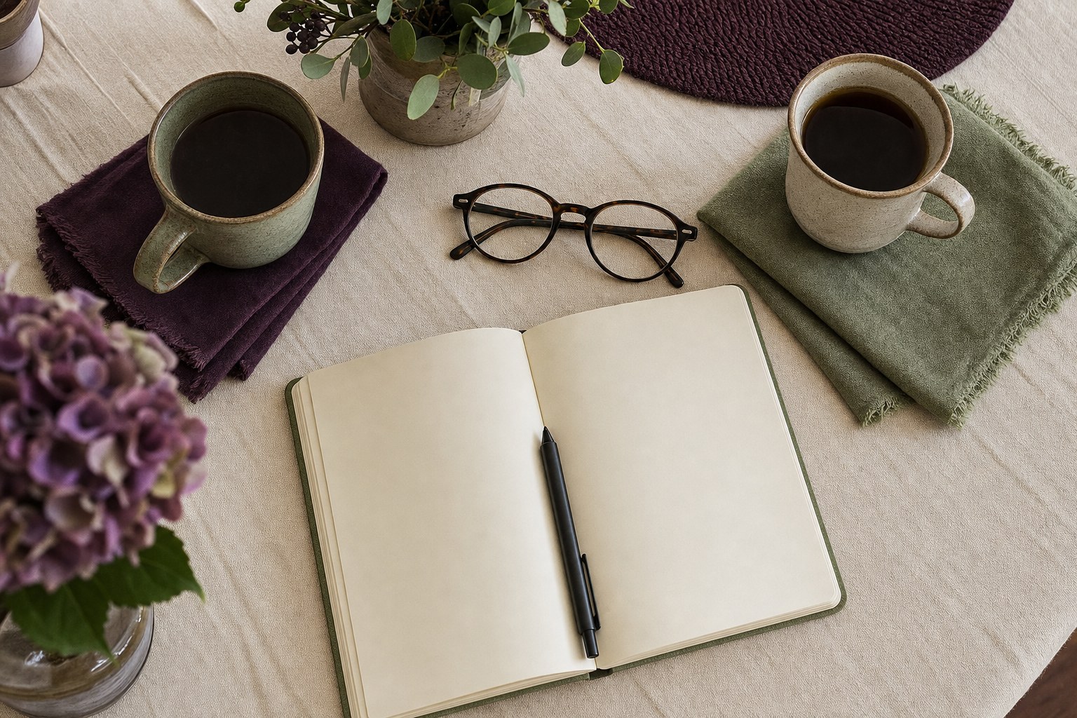 Two cups, glasses, and a blank notebook prepared for a careful conversation