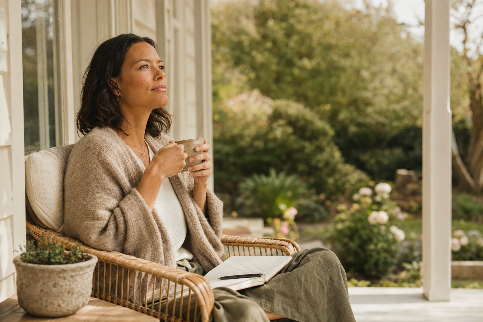 A parent taking a reflective pause with a journal and tea on a quiet porch