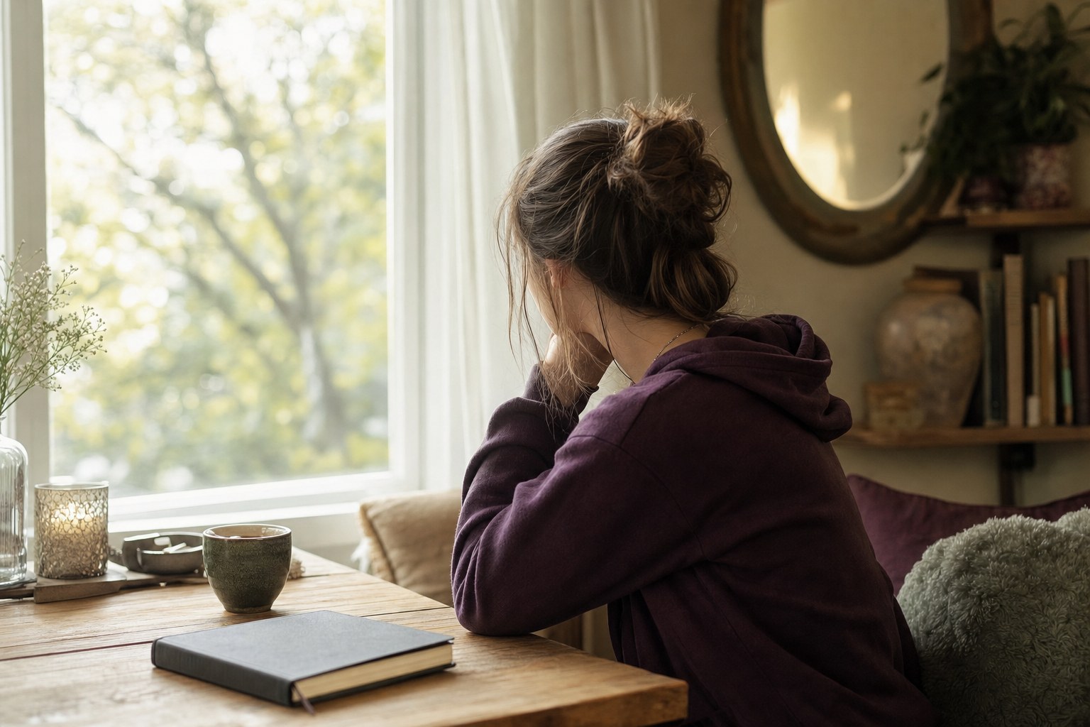 A teenager quietly reflecting by a window with a notebook nearby