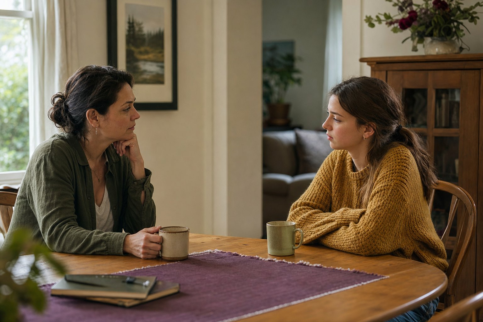 A parent and teenager sitting quietly across from each other at a kitchen table