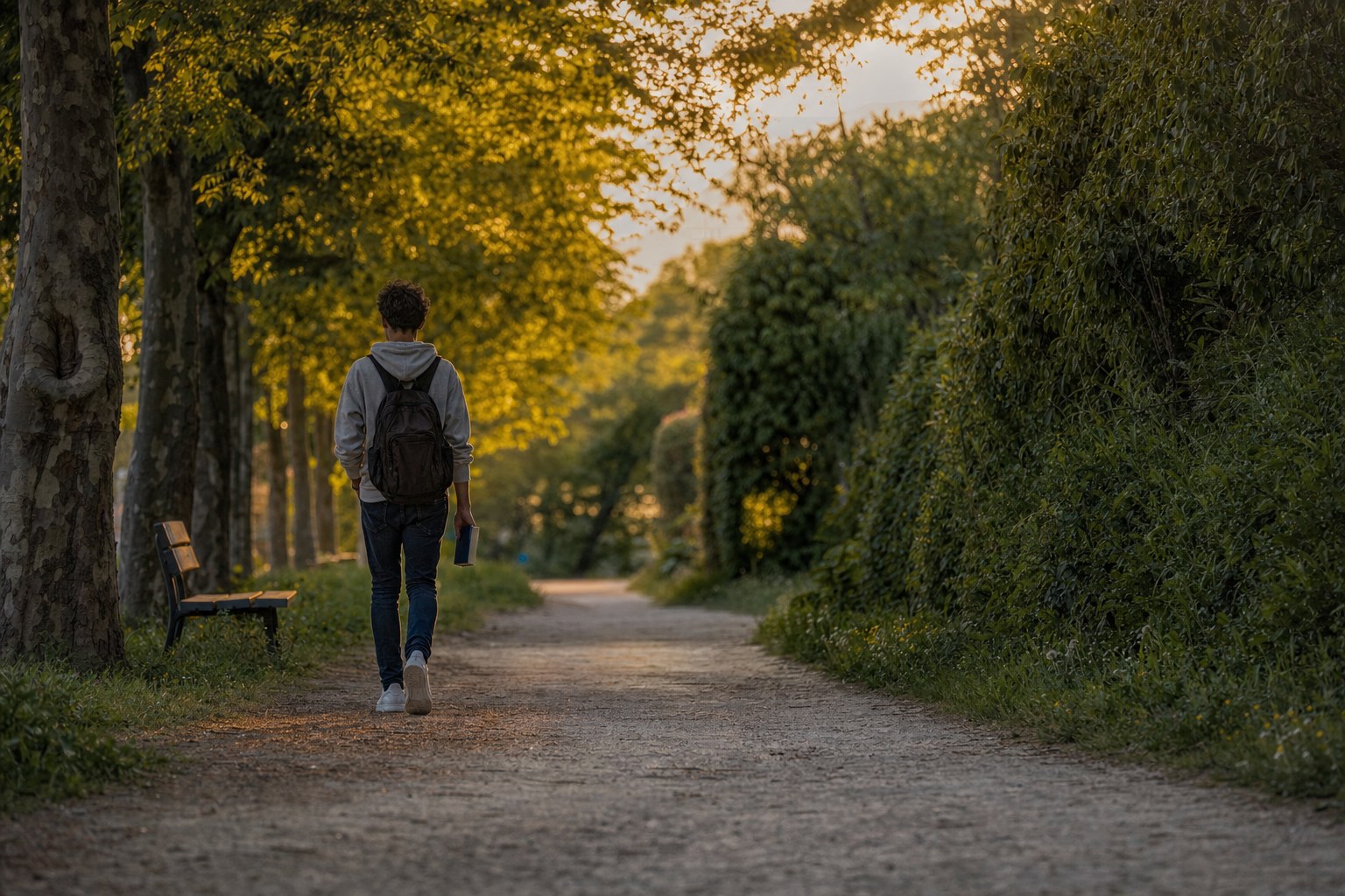A teenager taking a quiet walk along a tree-lined path
