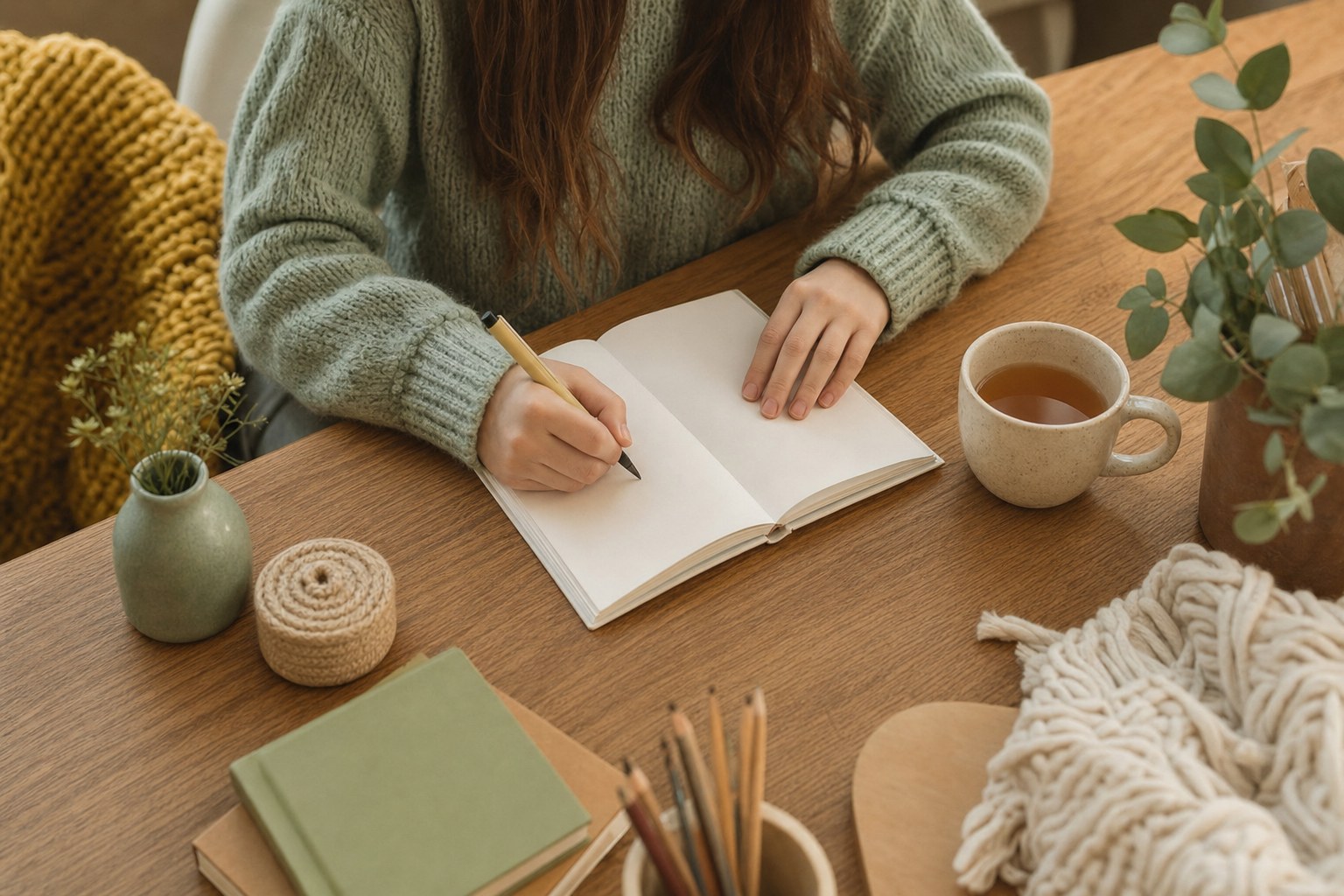A teenager writing in a blank notebook with tea nearby