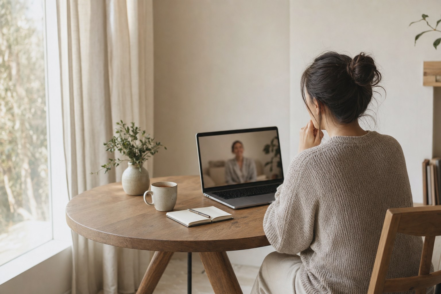 A person joining a virtual conversation from home
