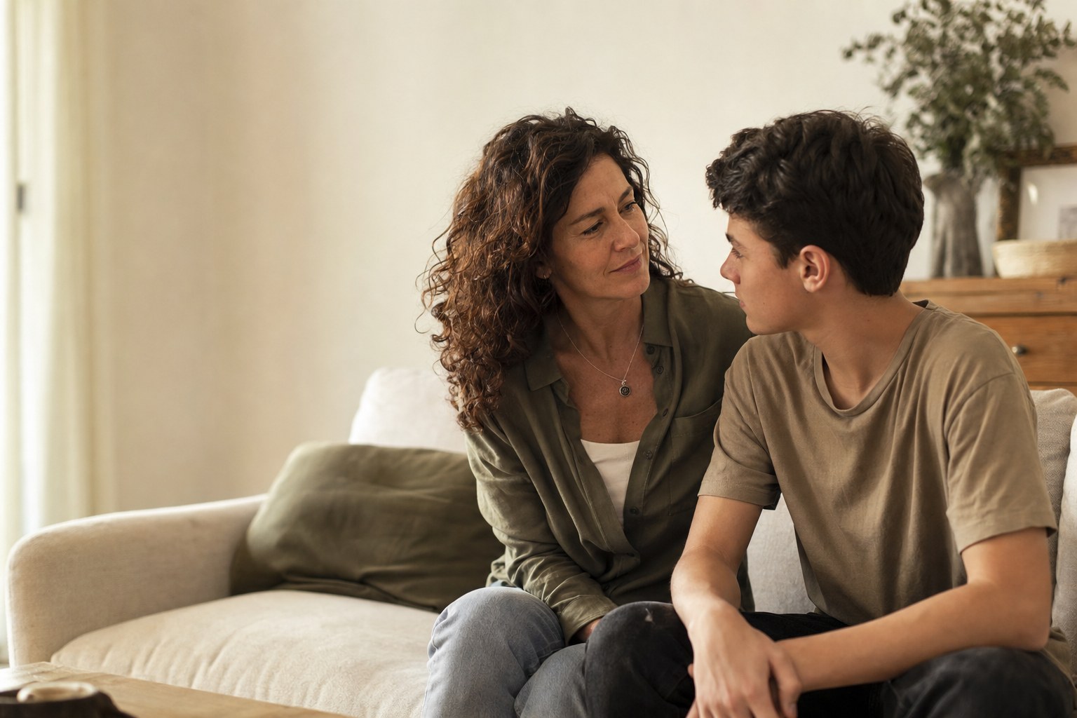 A mother and teen sitting together at home