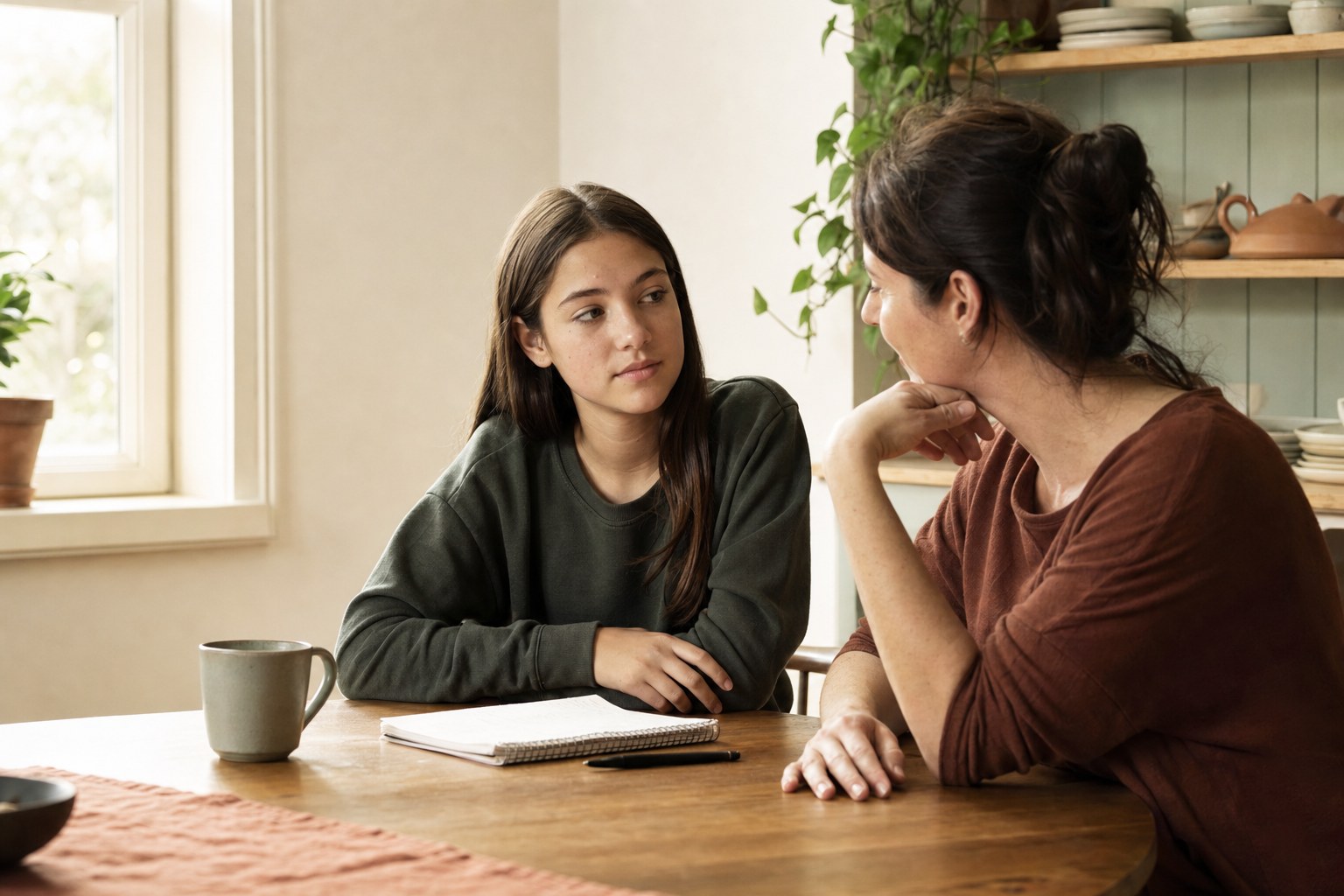 A parent and teen having a calm conversation