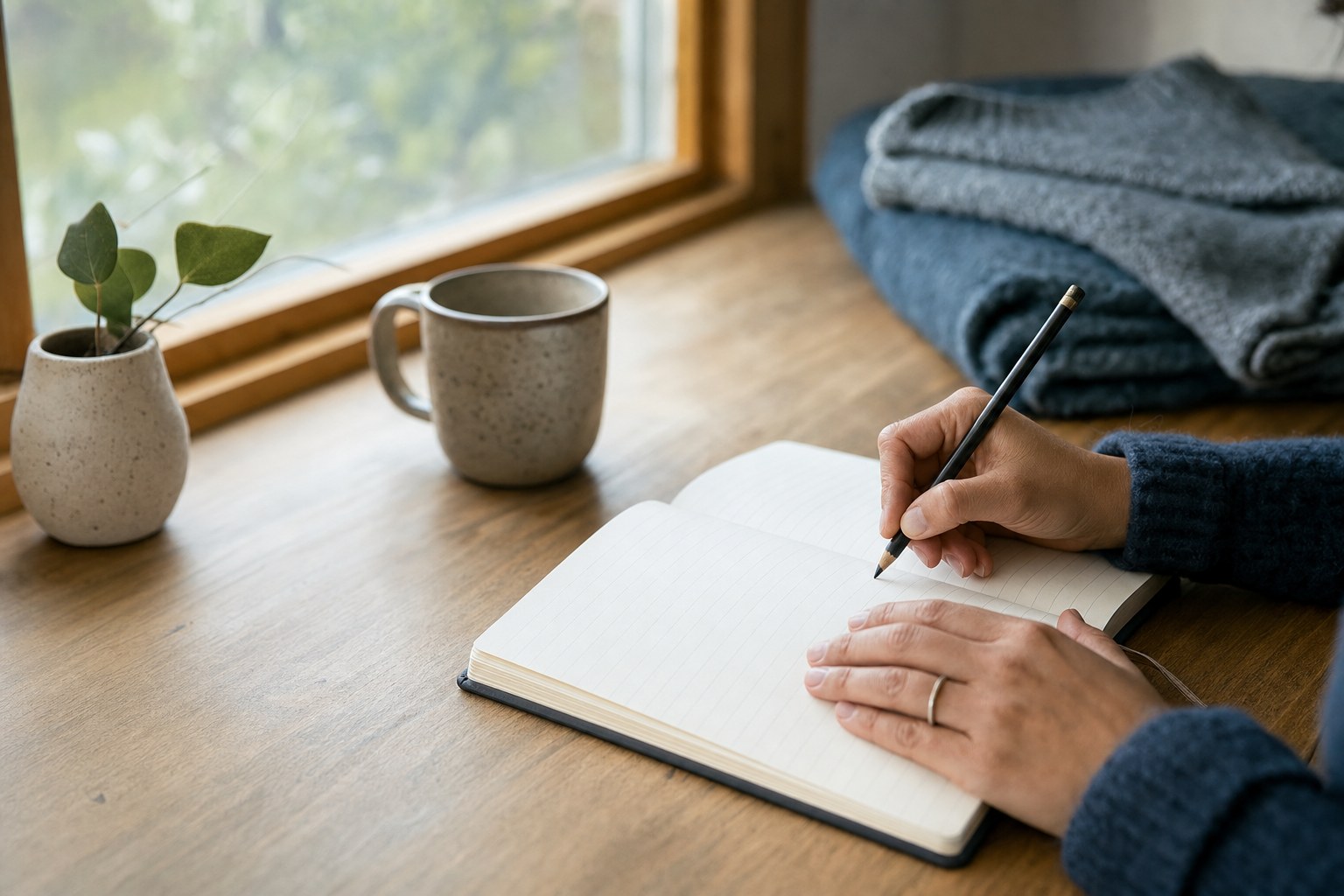 A person writing in a journal by a window