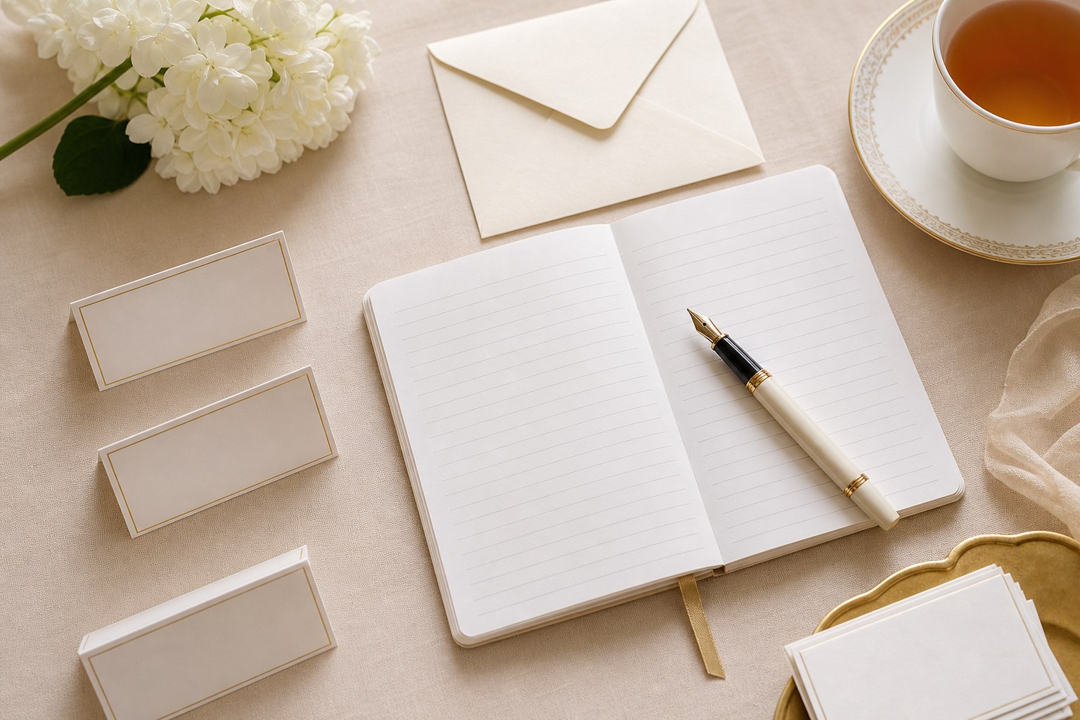 Blank place cards and notebook prepared for guest list planning