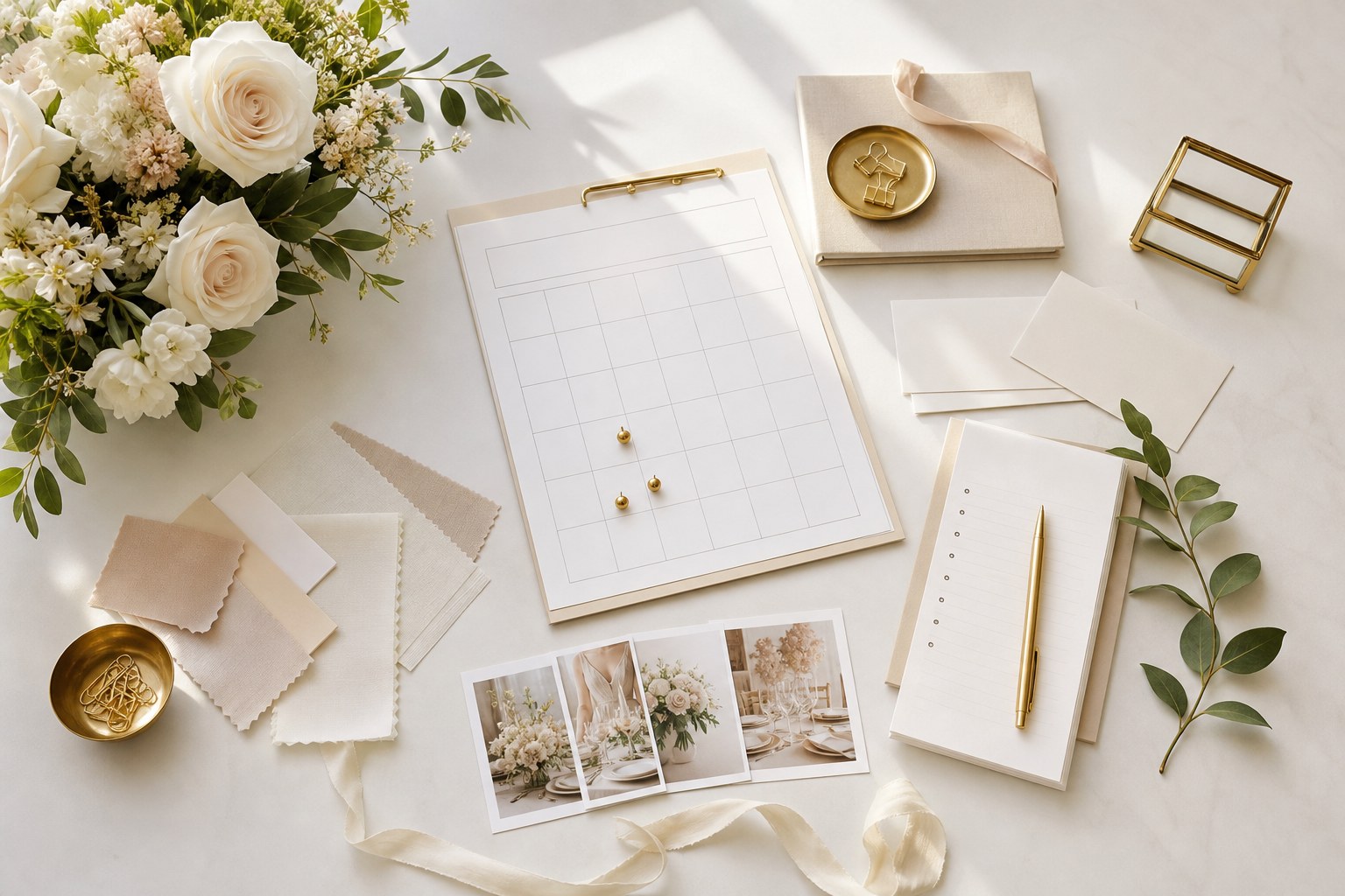 Wedding planning materials arranged on a cream table