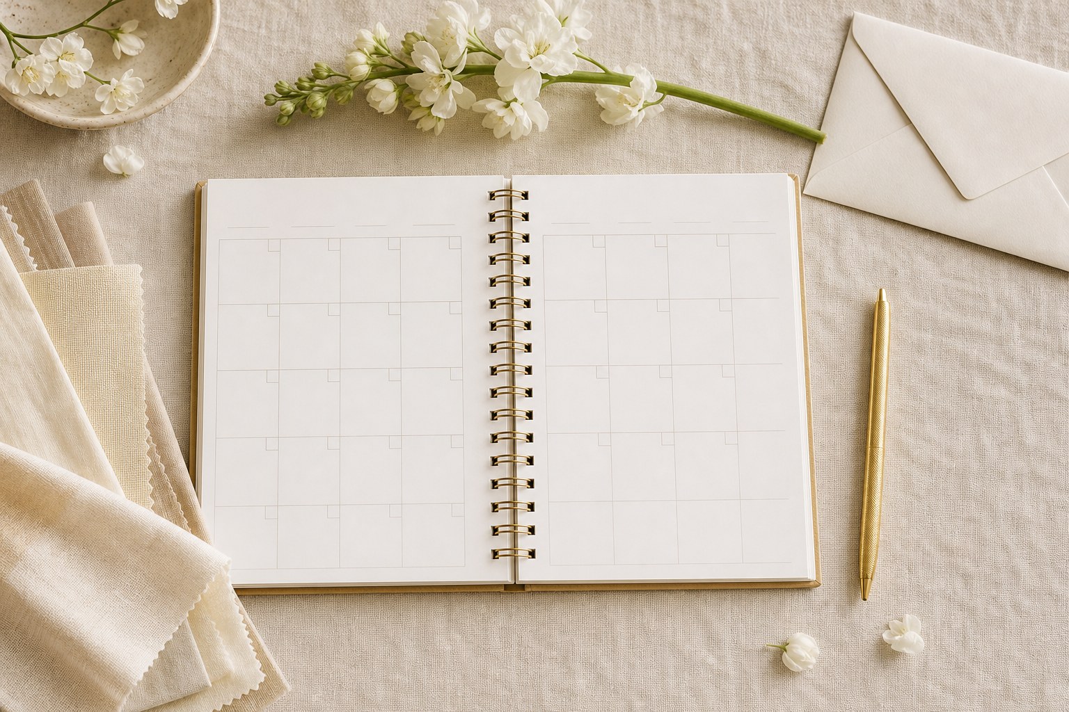 Six-month wedding planning calendar on a pale champagne table