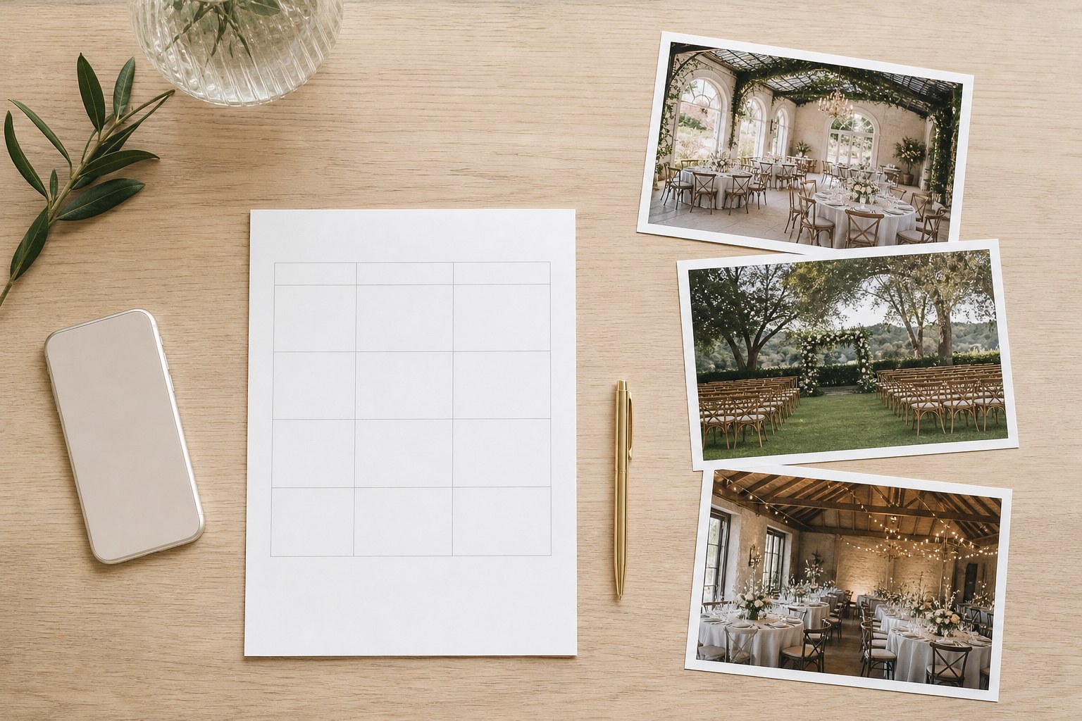 Venue photographs beside a blank comparison sheet