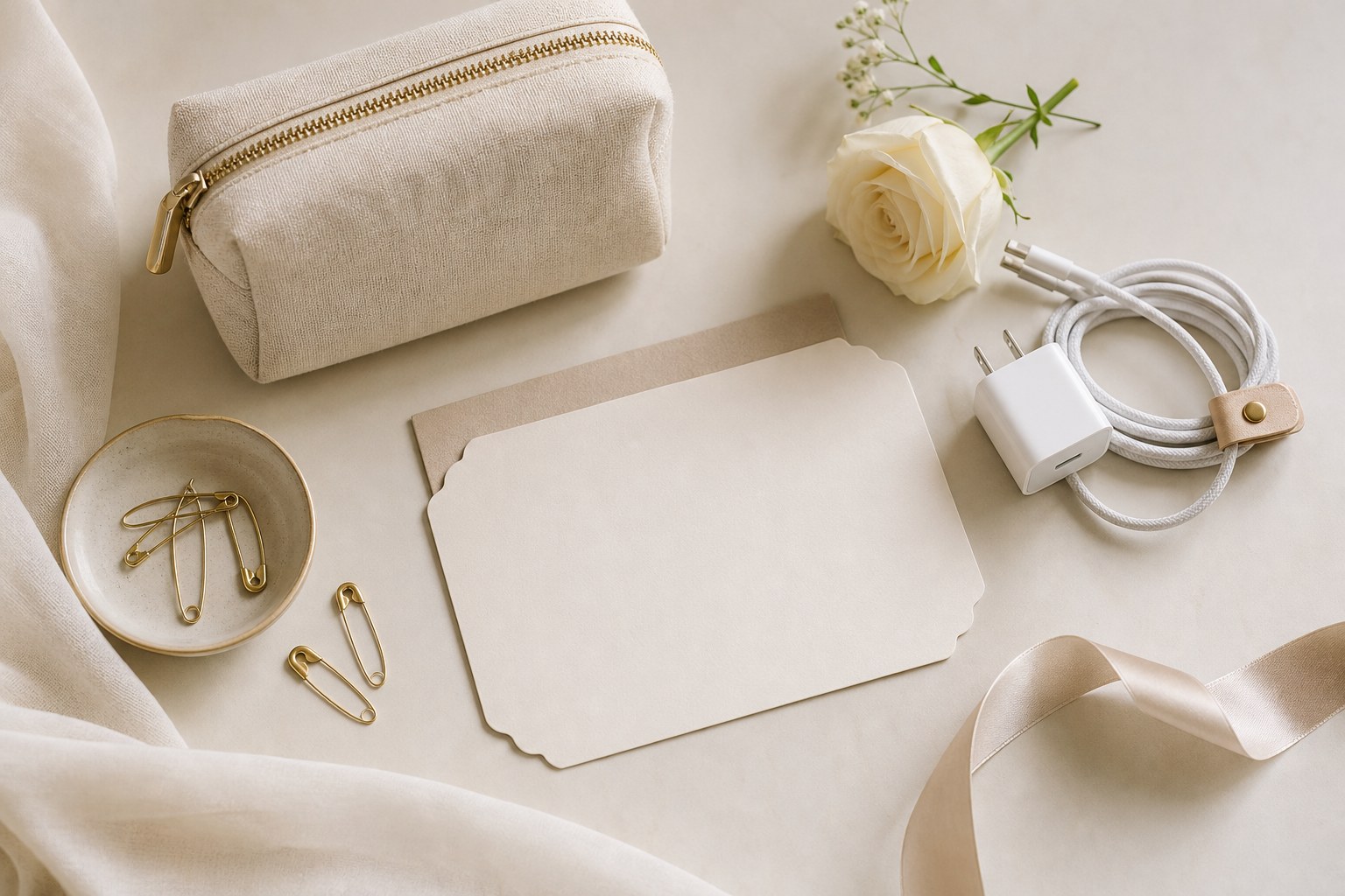 Wedding day readiness kit with safety pins and charger