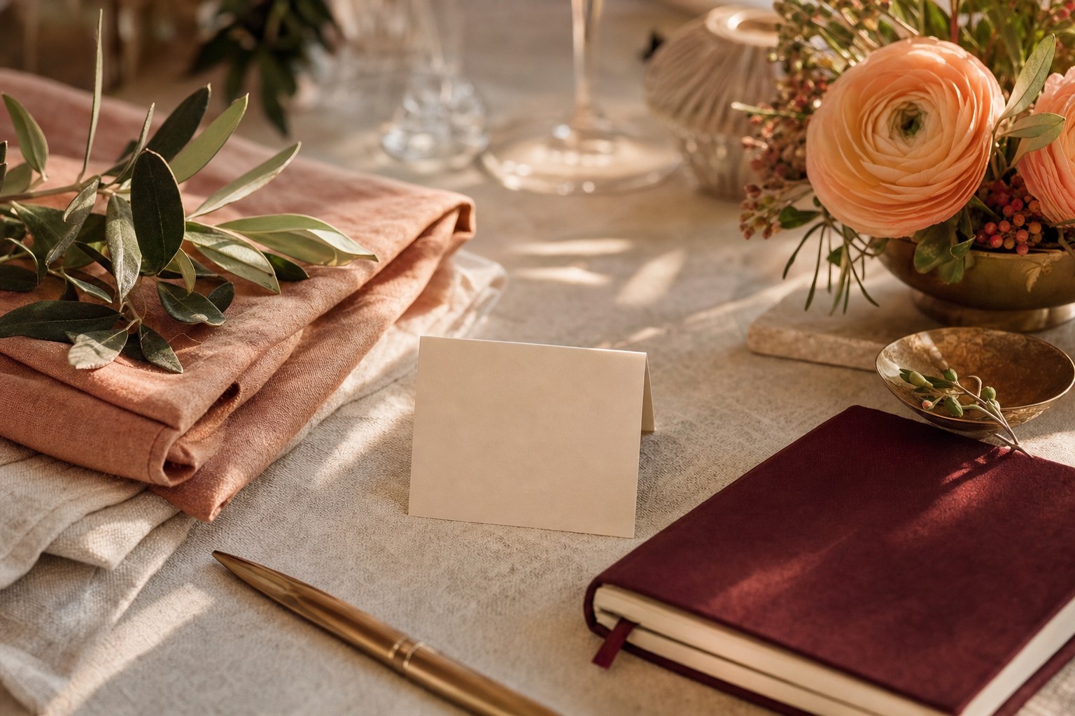 Warm event planning table with flowers, linens, and a notebook