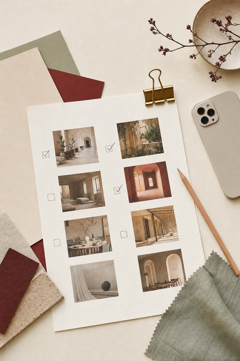 A curated research shortlist with venue inspiration and check marks