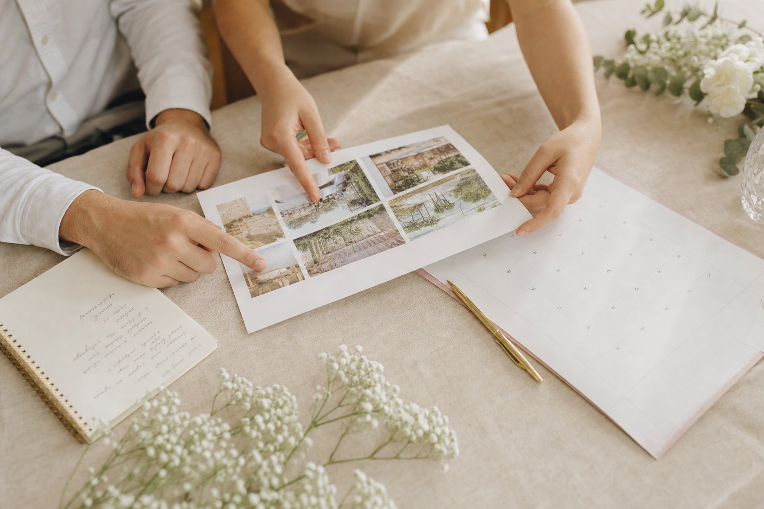 Couple comparing wedding venue options beside a planning calendar