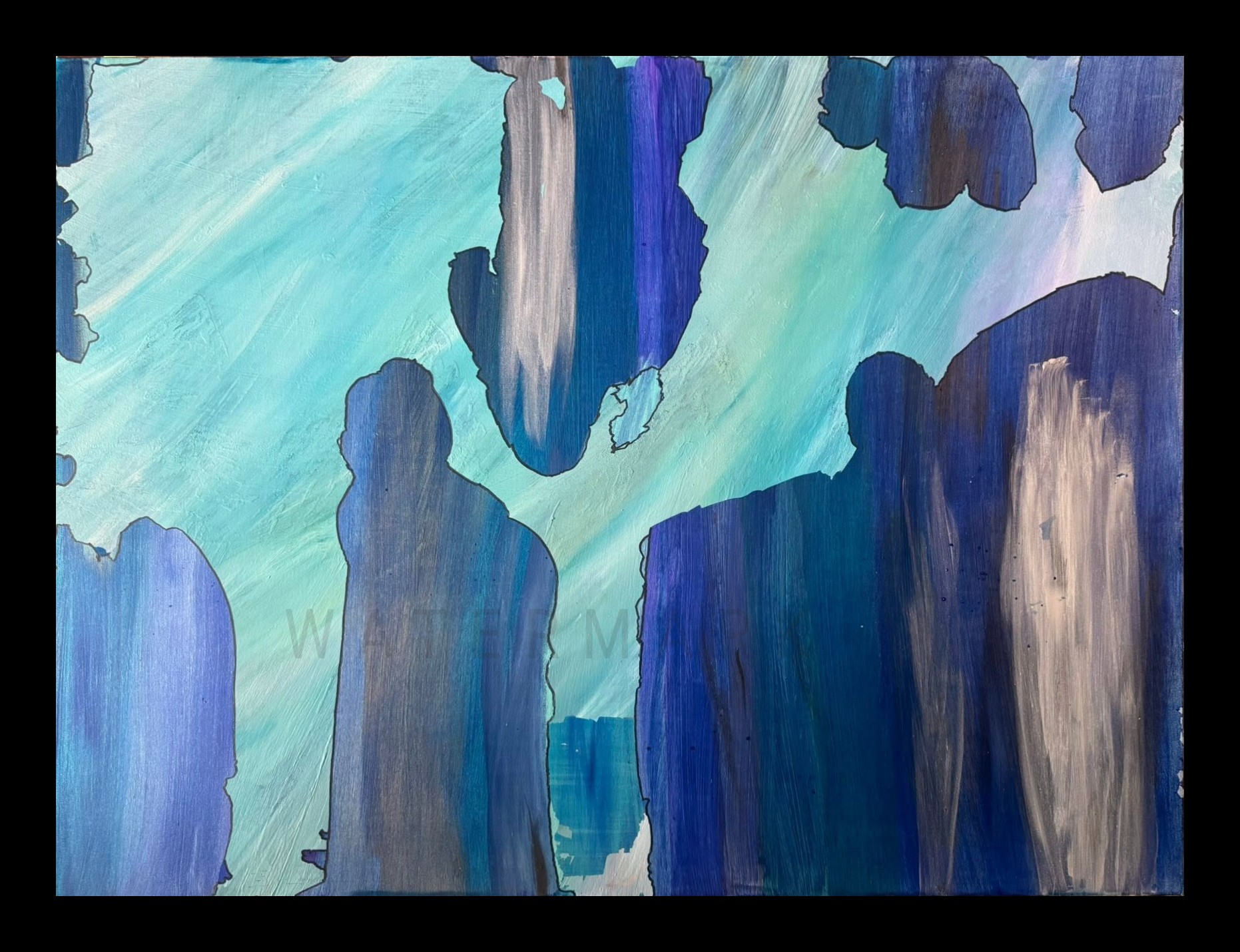48 by 36 original blue figures artwork by Dr. Mary Barrett Alimenti