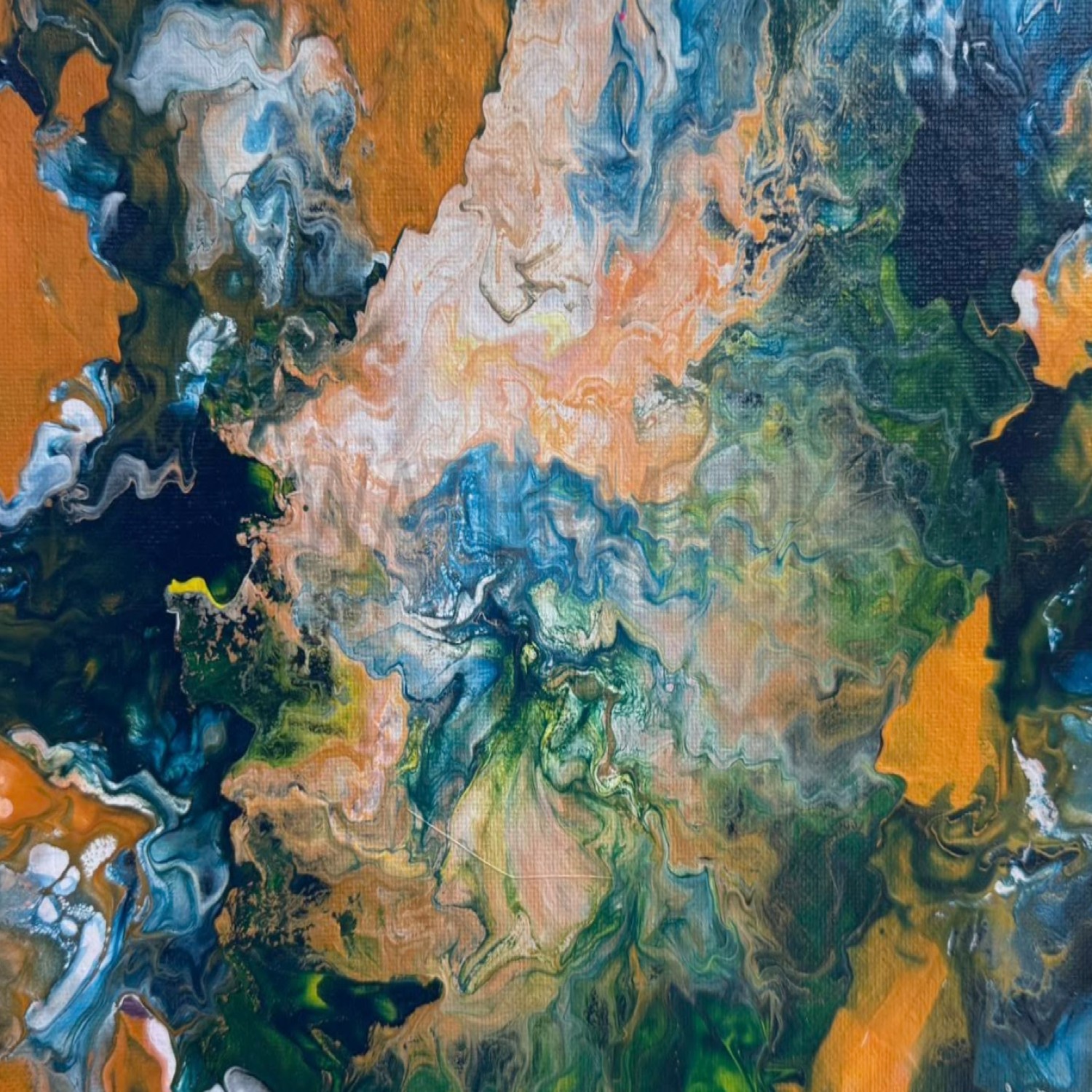 8 by 10 original blue, green, and gold acrylic artwork by Dr. Mary Barrett Alimenti