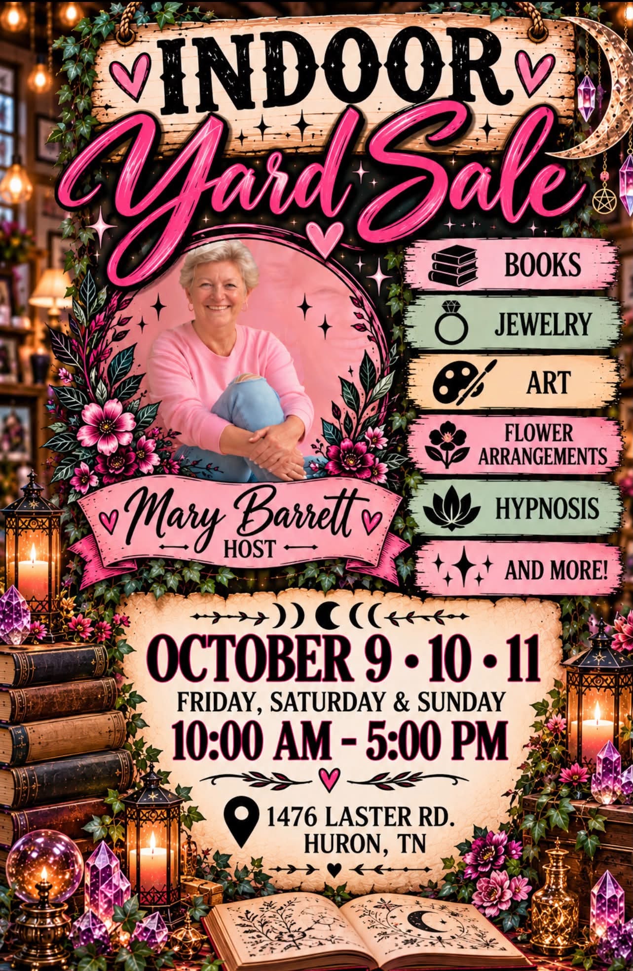 Indoor Yard Sale poster for Mary Barrett, October 9 through 11 in Huron, Tennessee