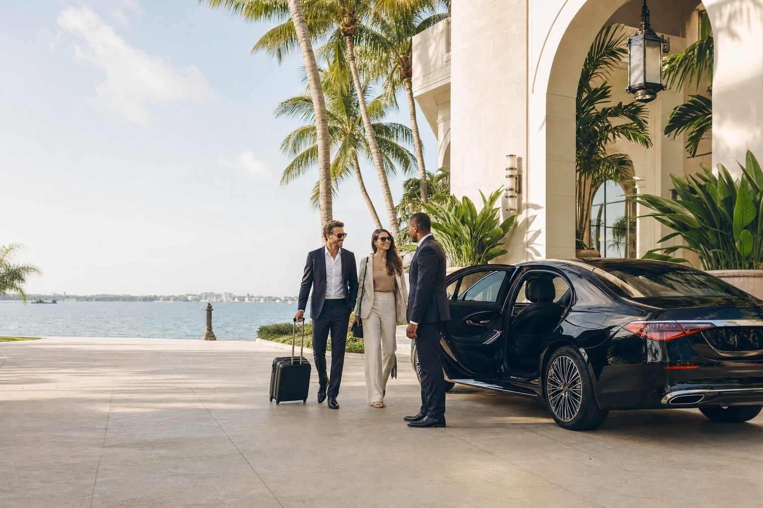 Chauffeur welcoming travelers beside a luxury sedan at a Miami hotel