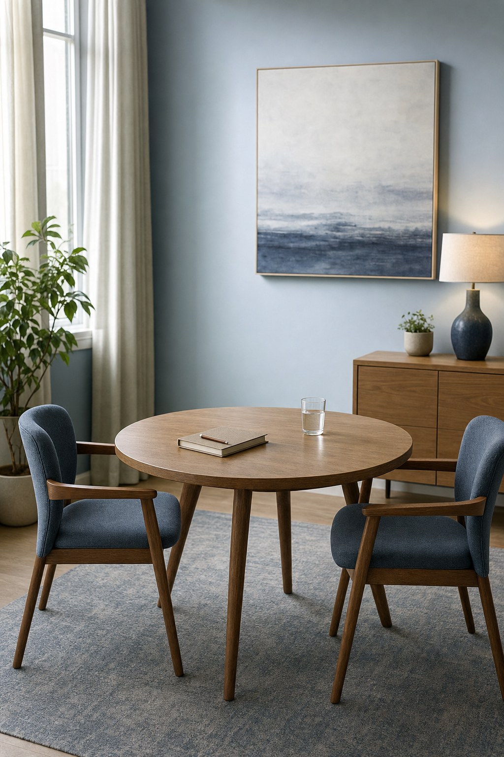 A quiet consultation room with a round table and blue chairs