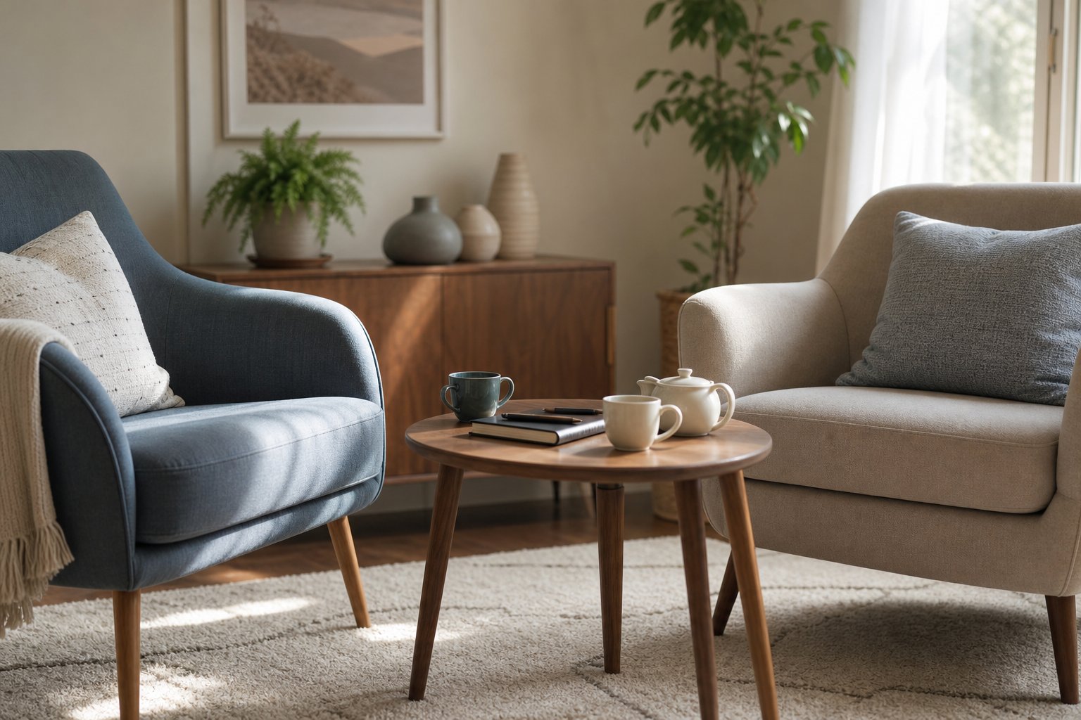 Two comfortable chairs facing each other in a calm conversation space