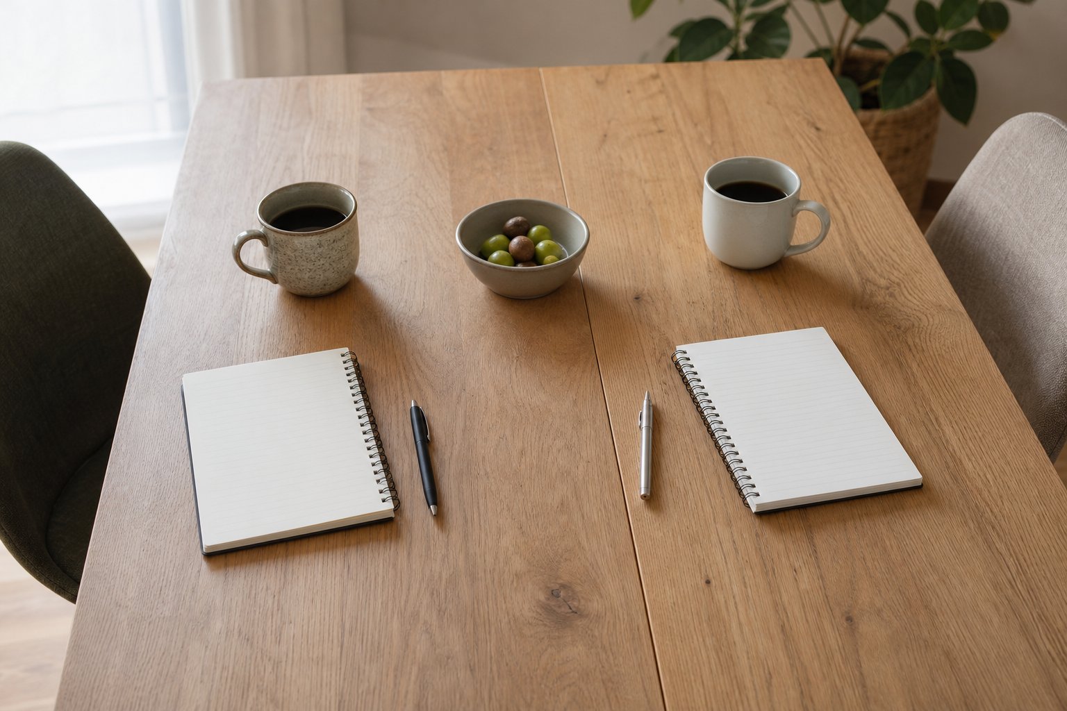 Two blank notebooks and pens placed across a table for a shared conversation