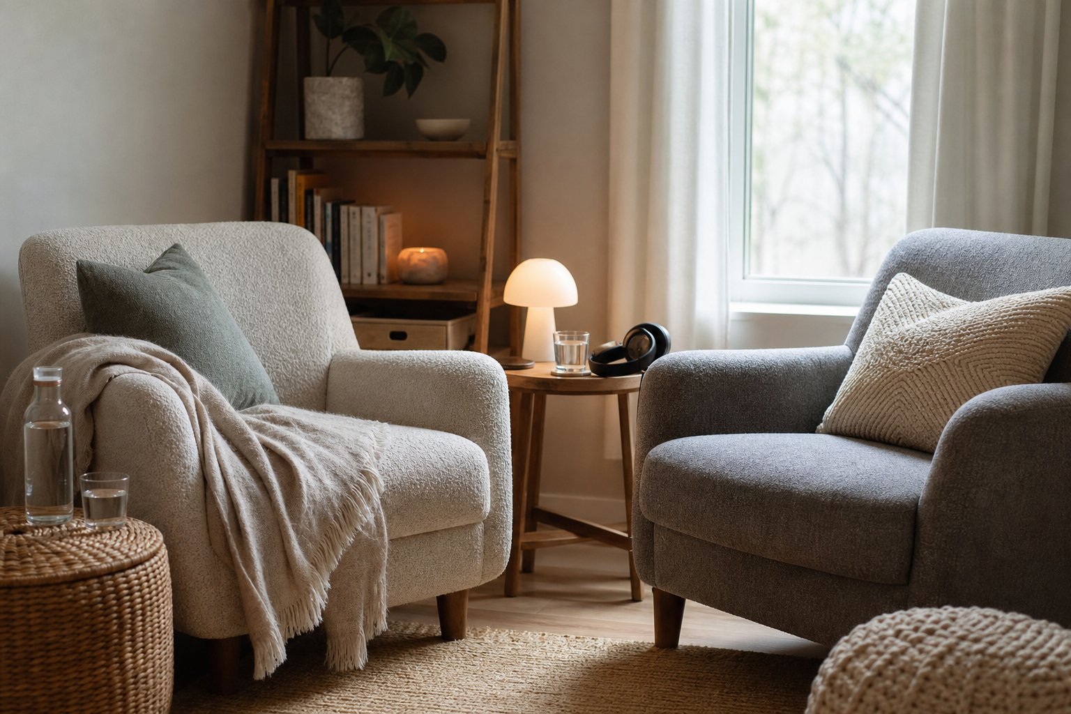 Two quiet armchairs with headphones, water, and soft light in a low-sensory room