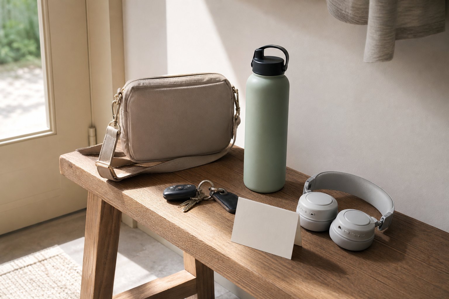 A bag, keys, headphones, water bottle, and blank card prepared for a social outing