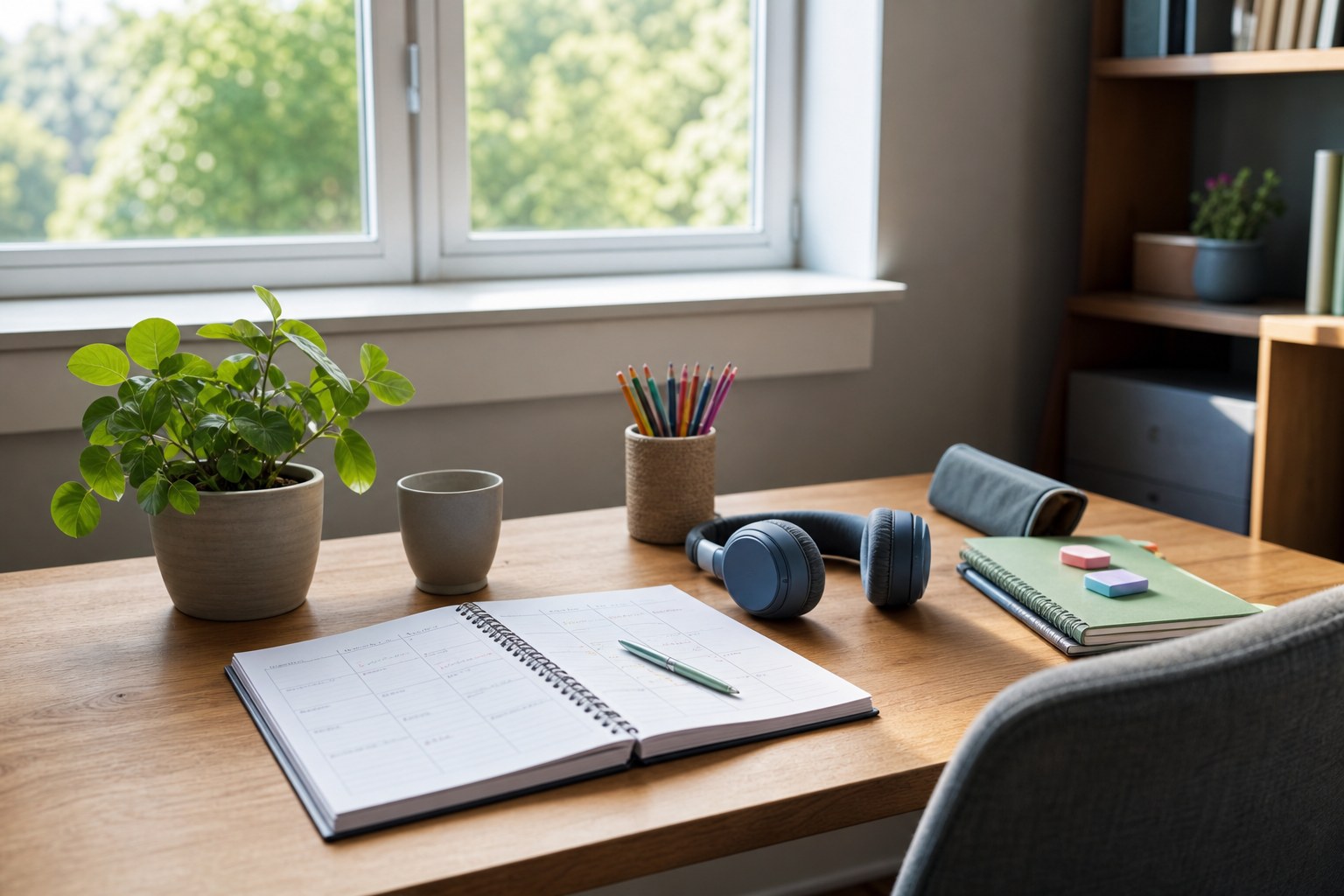 A quiet study desk with headphones, a planner, and soft daylight