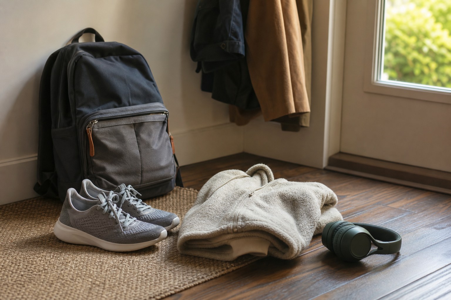 An entryway with a backpack, headphones, and comfortable clothes after school