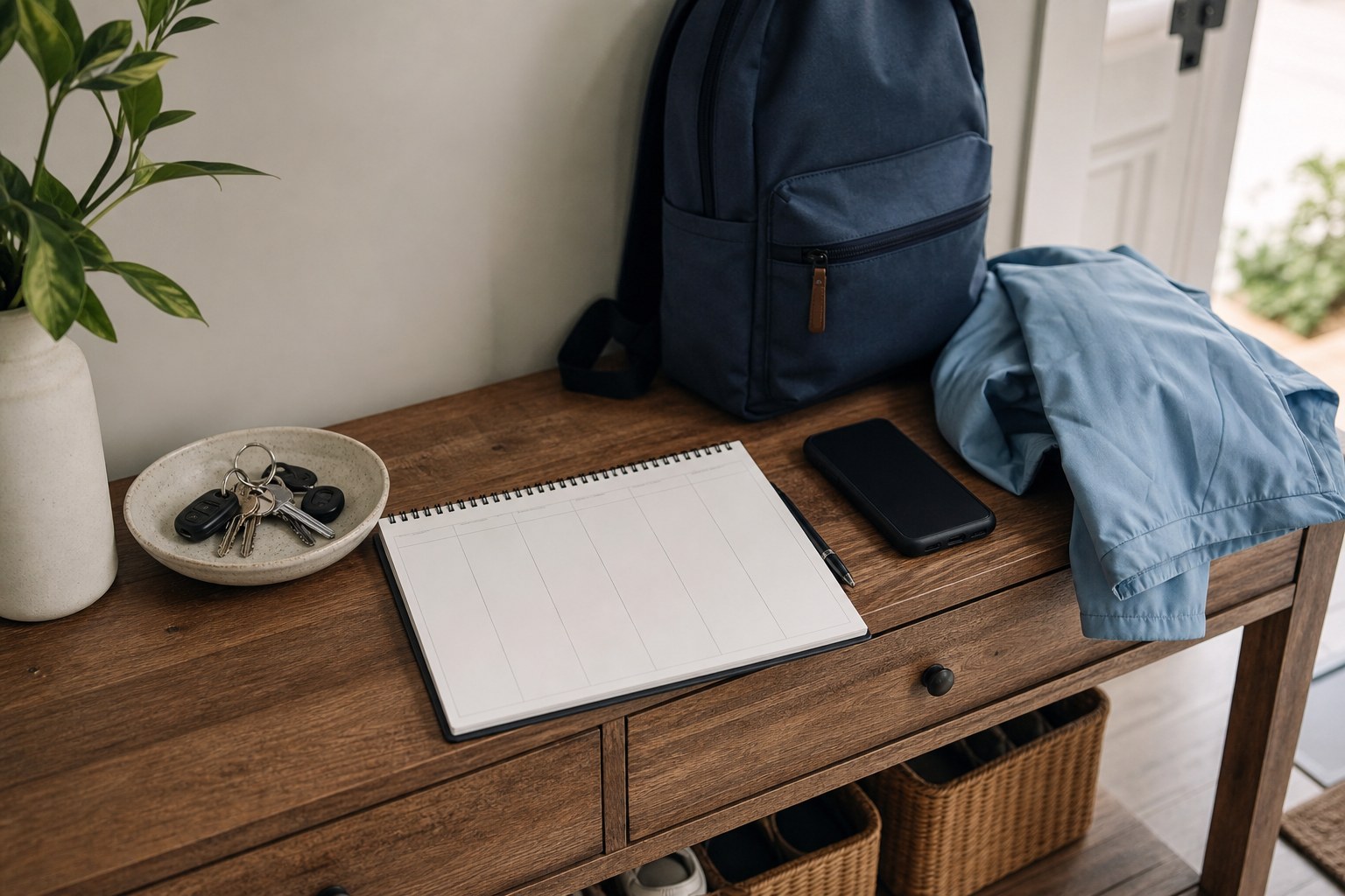 A home entry table with a backpack, a blank weekly planner, and a blue jacket