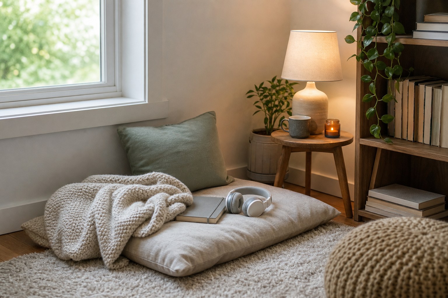 A quiet reading nook with a blanket, headphones, and warm light