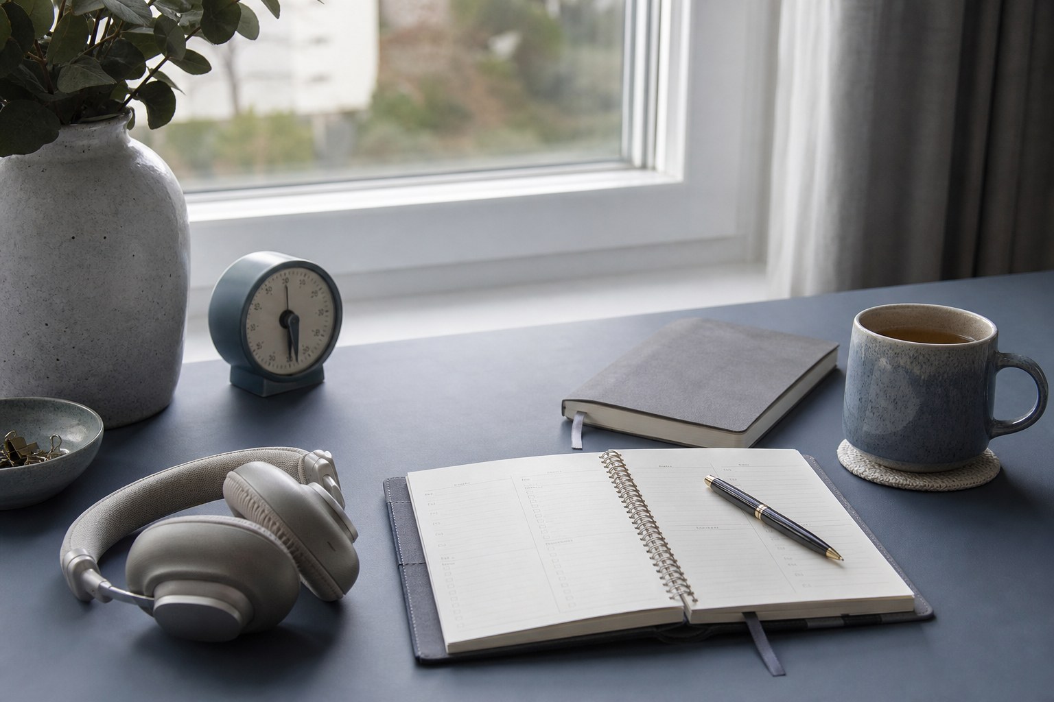 A quiet desk with a planner, headphones, tea, and a small timer