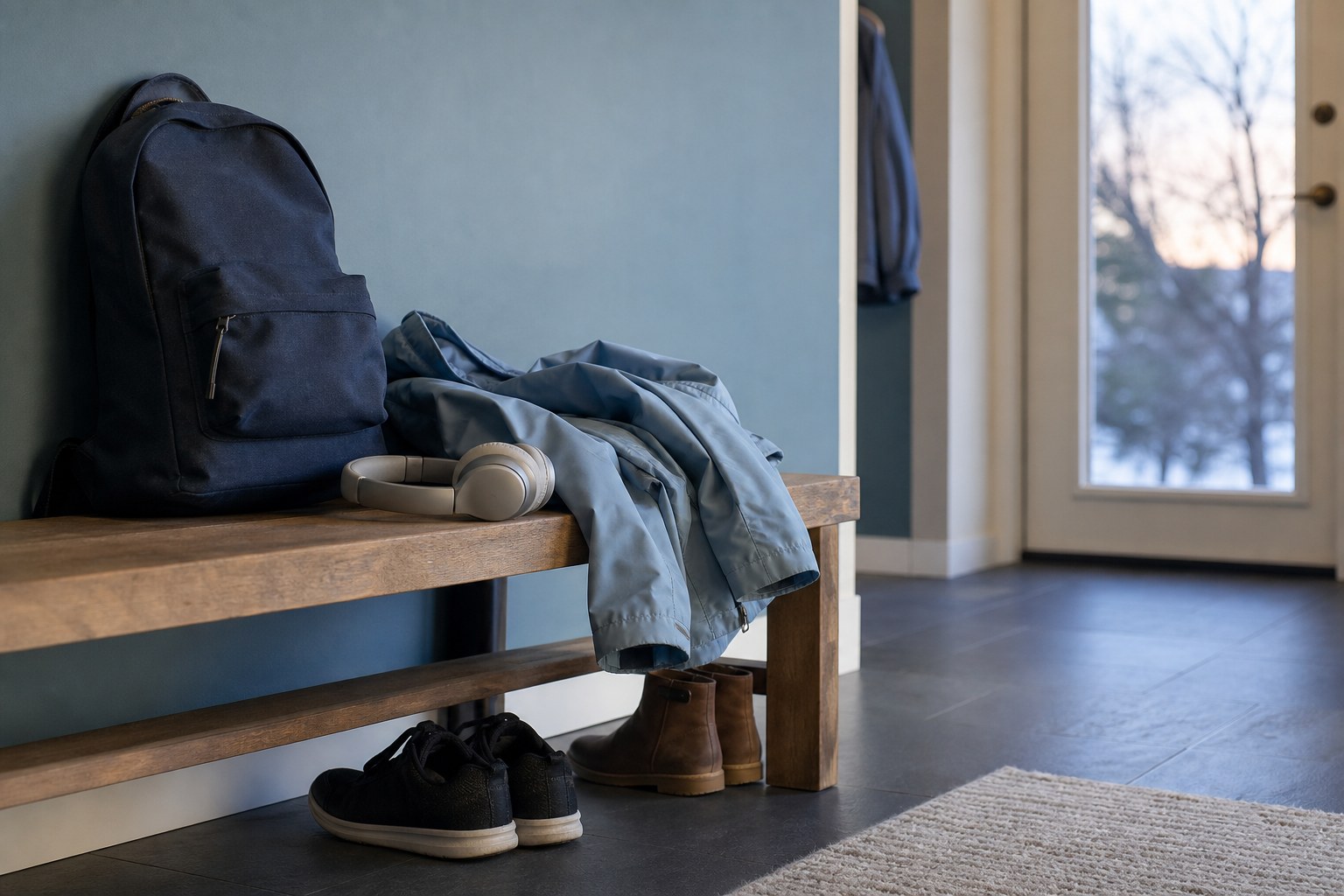 A backpack, jacket, headphones, and shoes resting on a bench in a quiet entryway