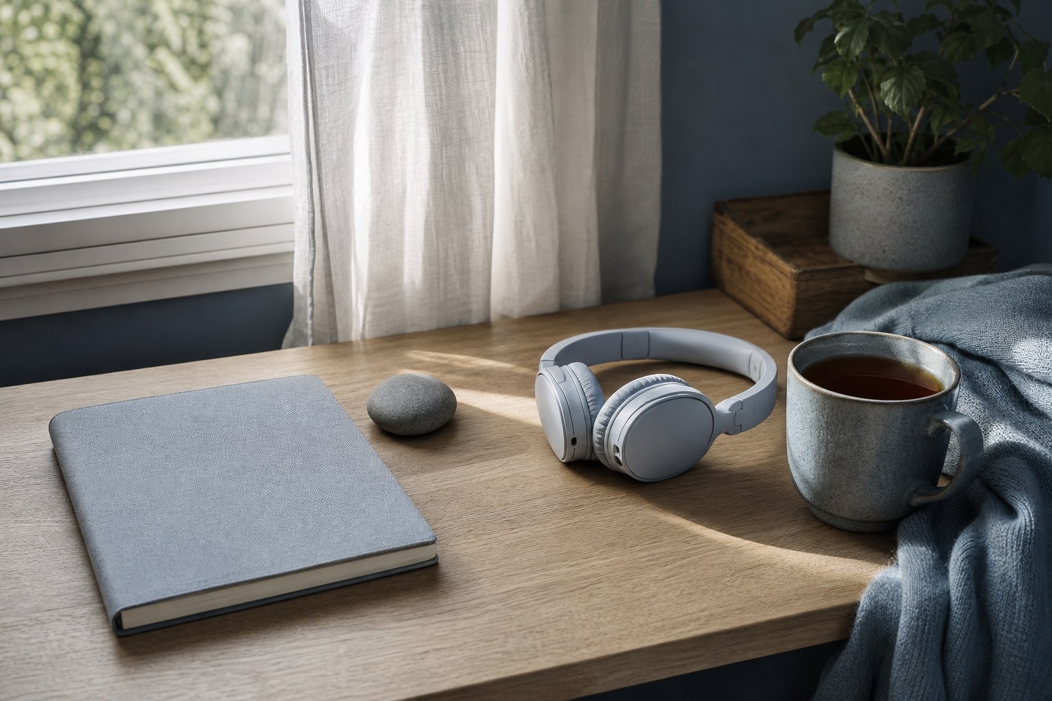 A quiet desk with headphones, a notebook, tea, and soft window light