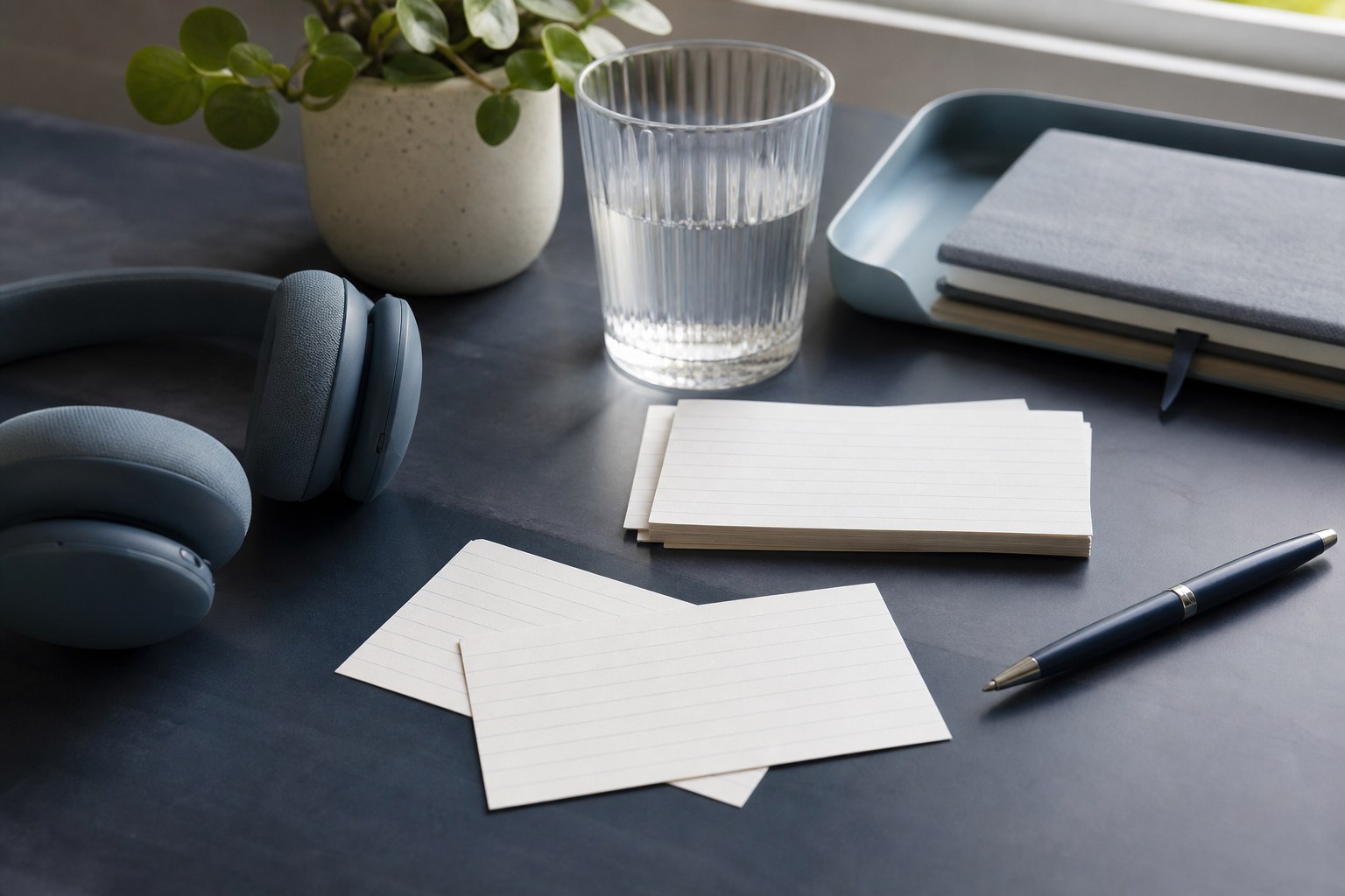 Blank index cards, headphones, water, a notebook, and a small plant on a calm desk