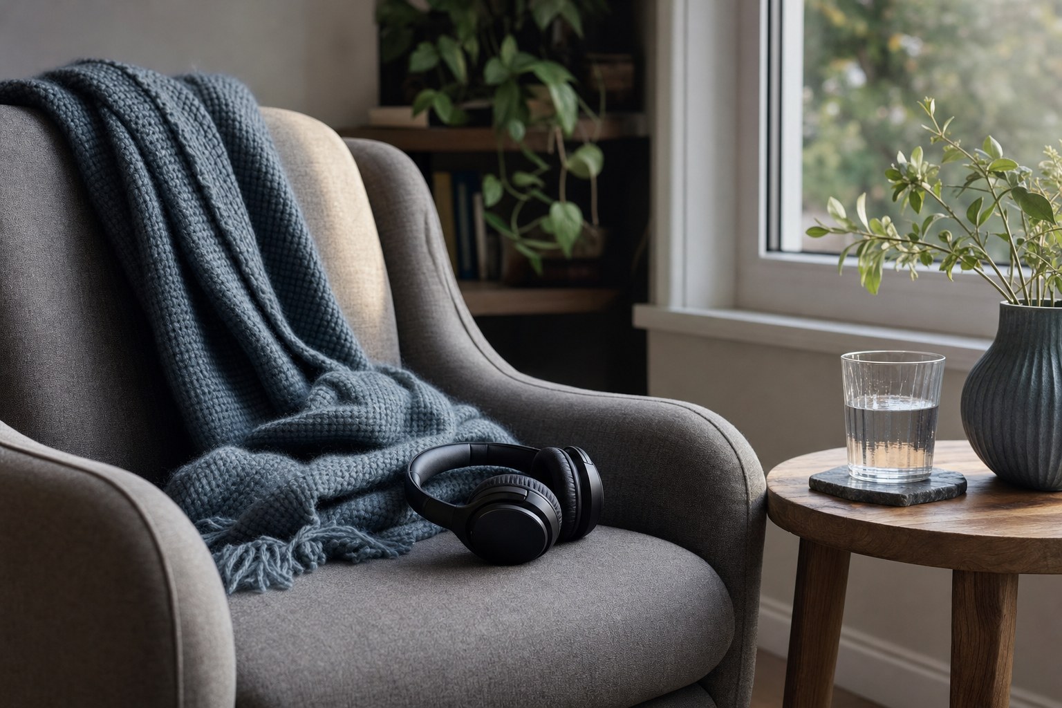 A calm armchair with a soft blanket, headphones, and a glass of water