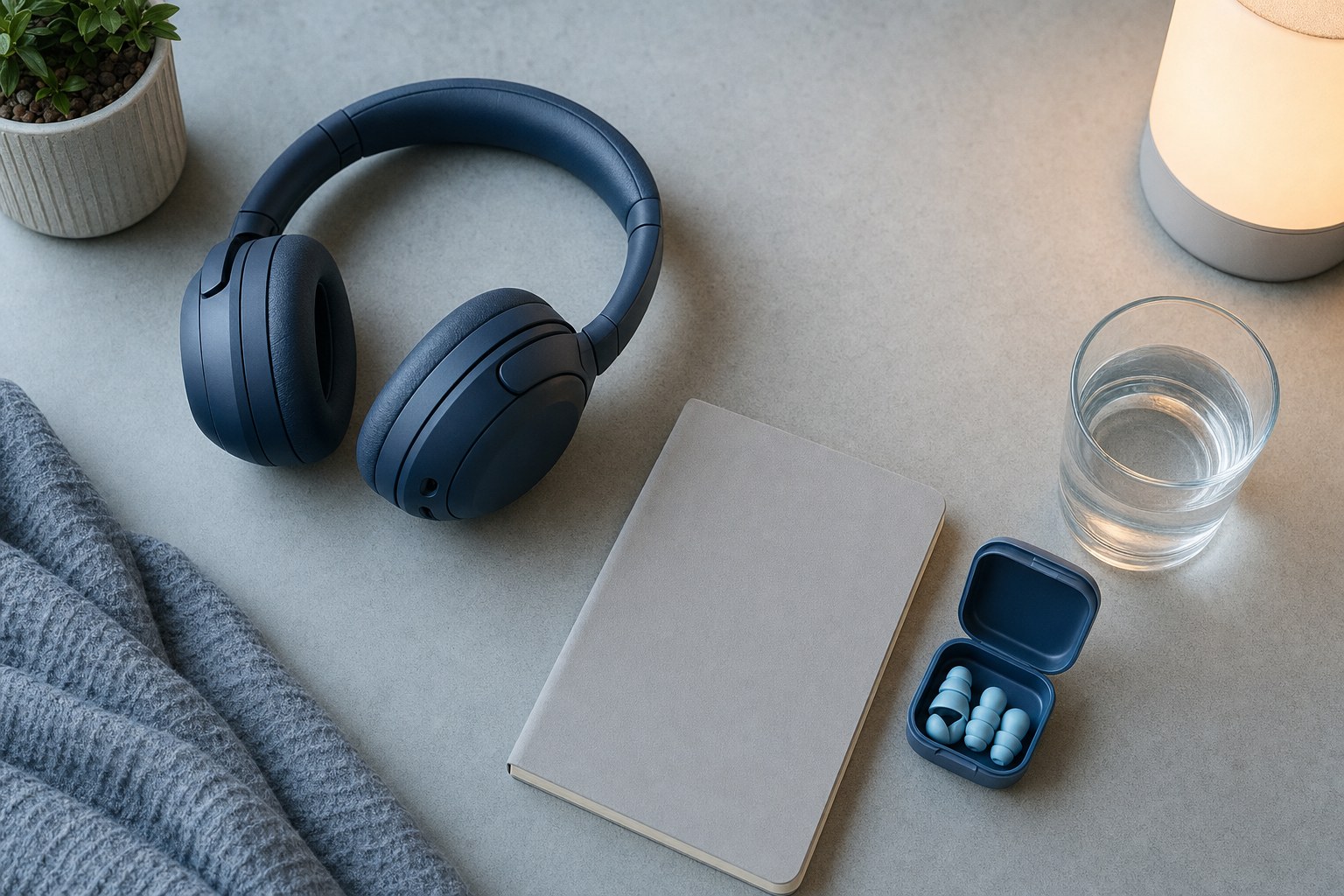 Headphones, earplugs, a notebook, and water arranged on a quiet table