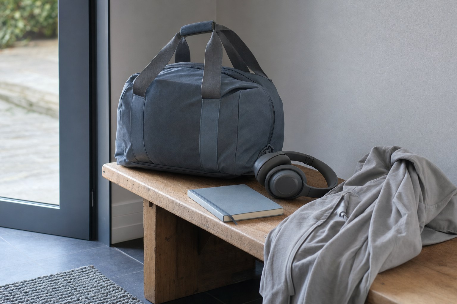 A bag, headphones, notebook, and jacket ready by an entryway